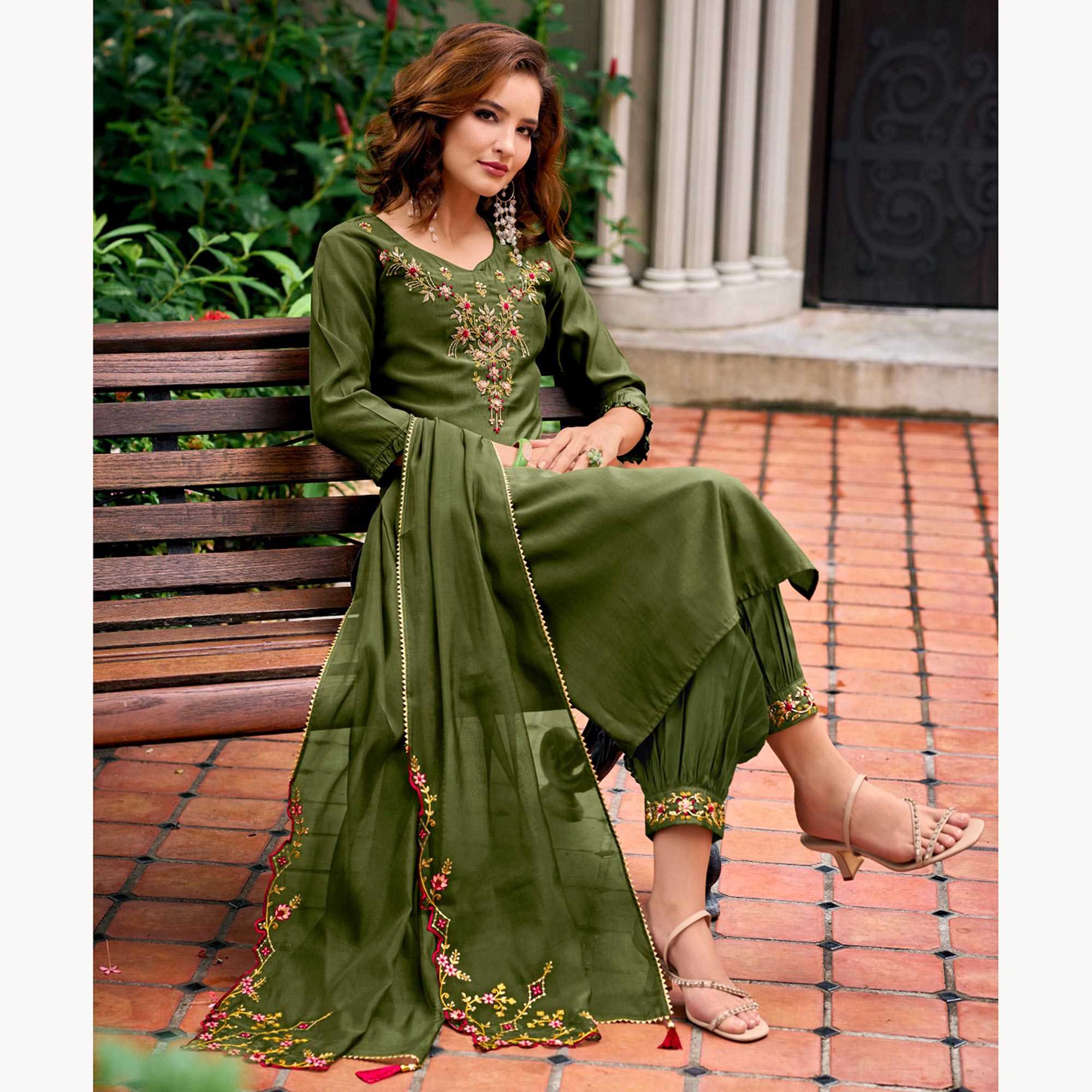 Green Floral Embroidery Chanderi Silk Suit