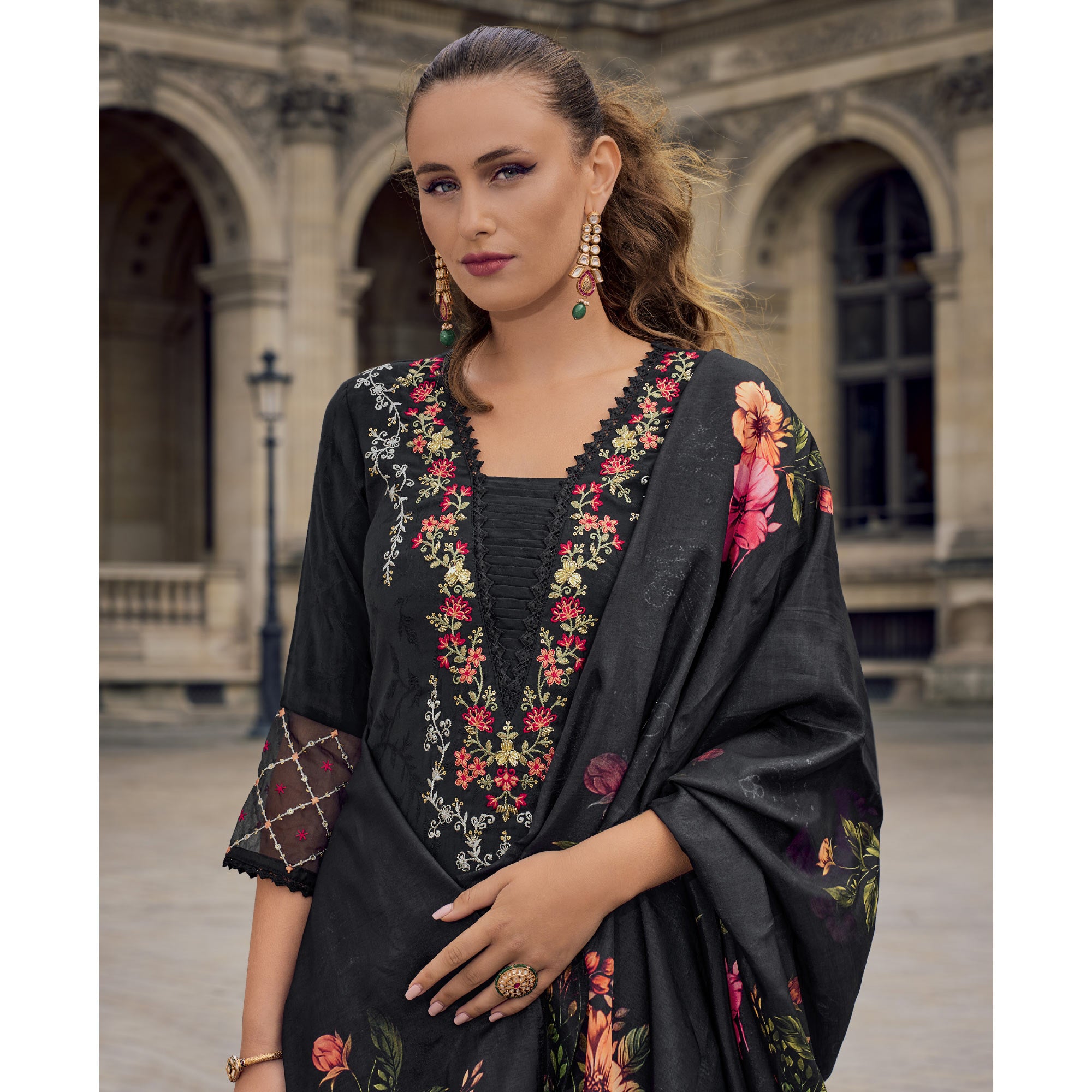 Black Floral Sequins Embroidery With Handwork Viscose Salwar Suit
