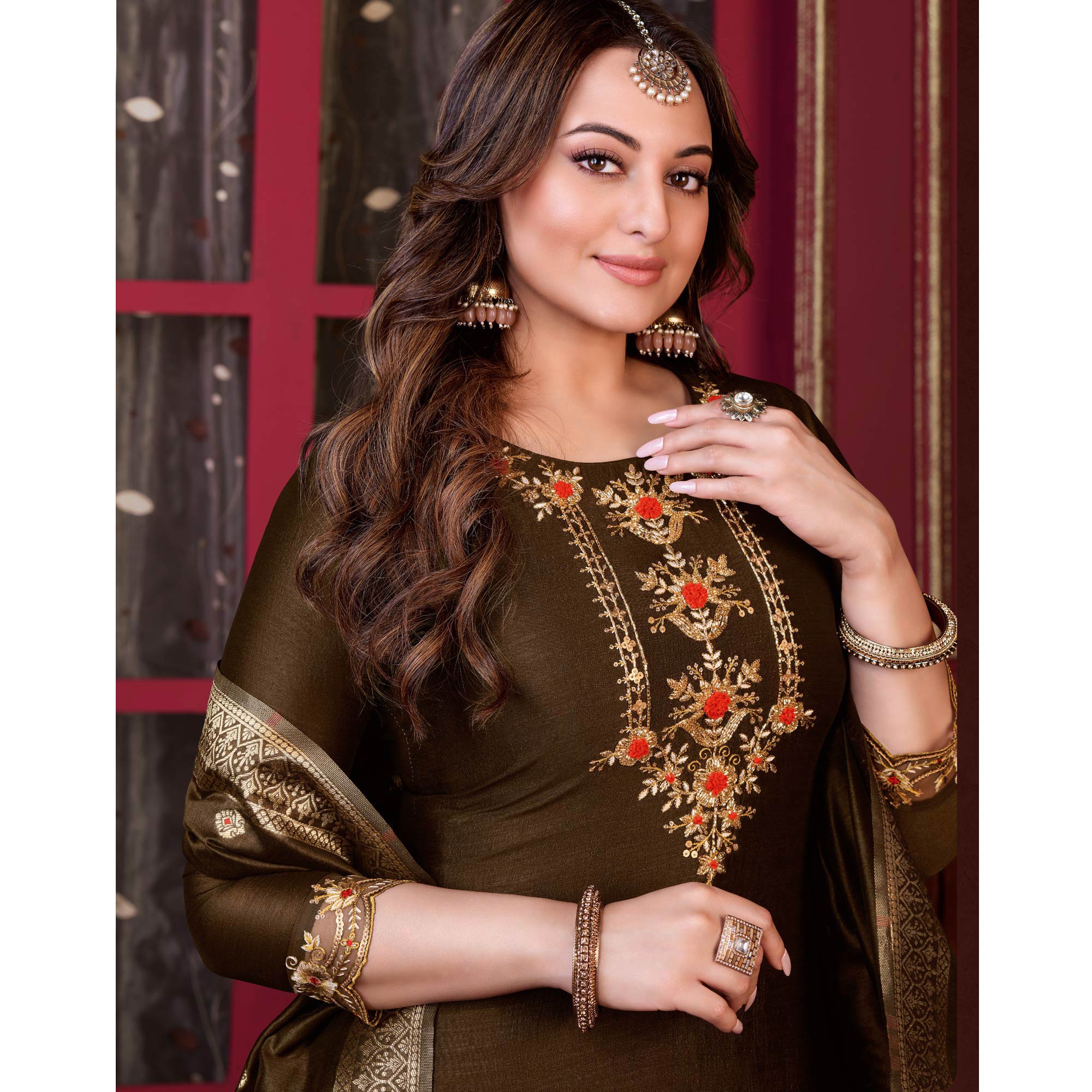 Brown Floral Sequins Embroidered Cotton Silk Suit