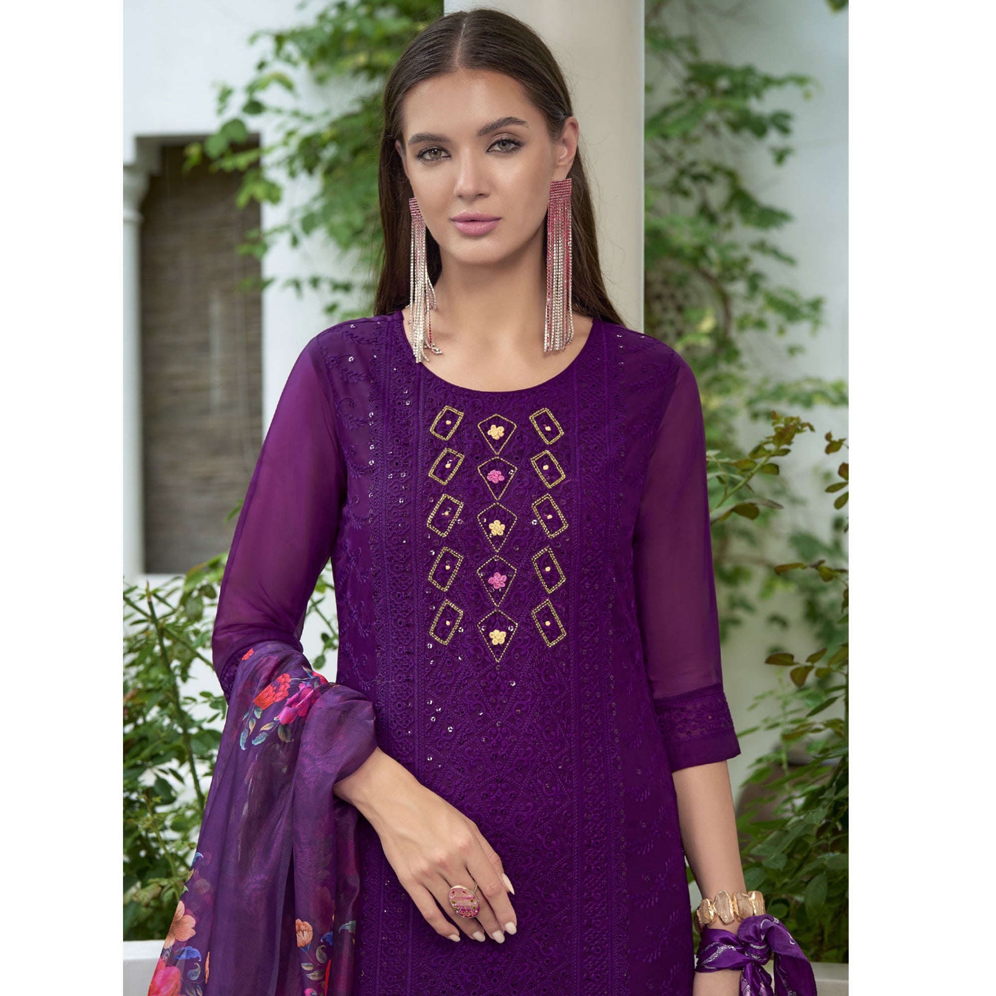 Purple Chikankari With Handwork Organza Salwar Suit