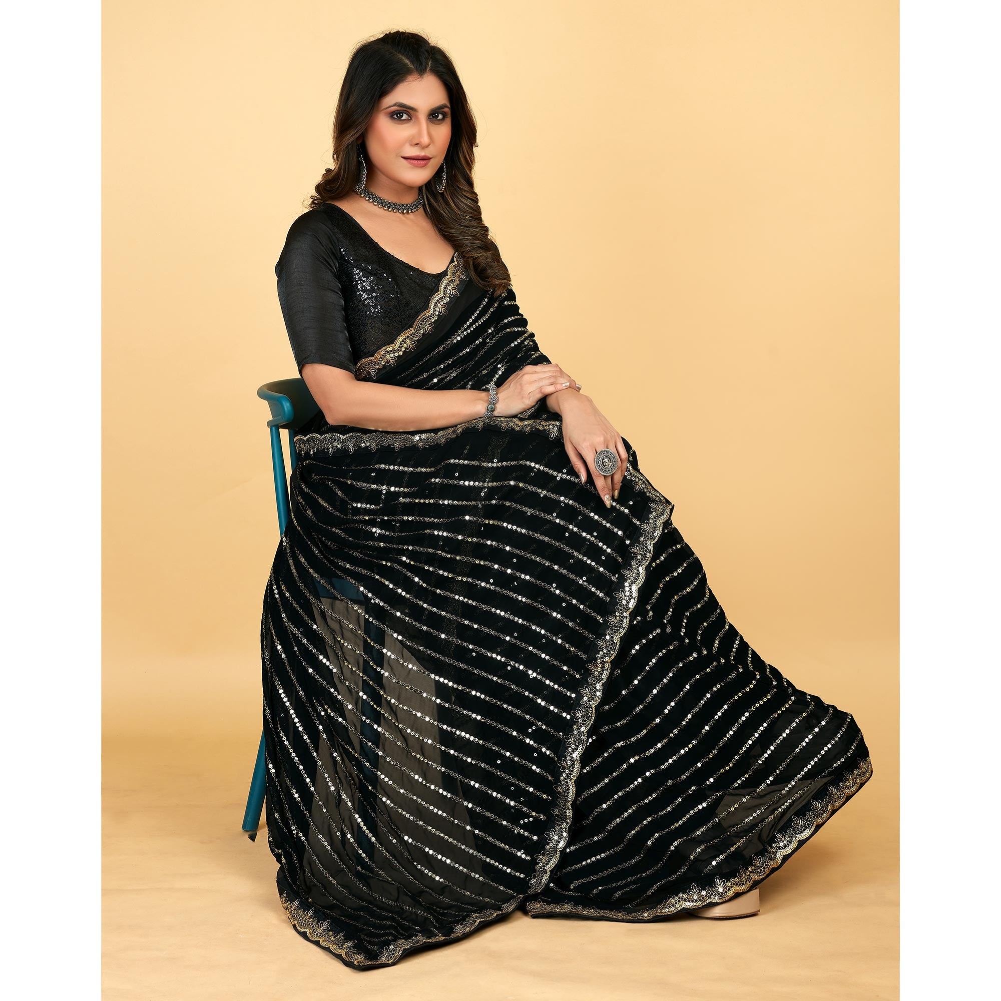 Black Sequins Embroidered Georgette Saree