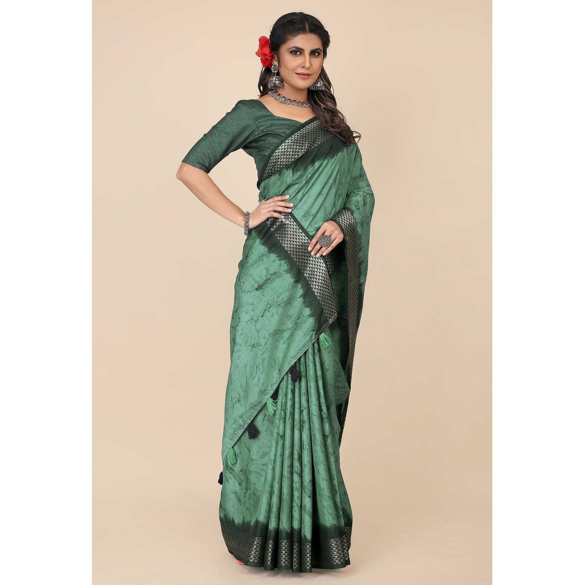 Turquoise Printed Cotton Silk Saree With Zari Border