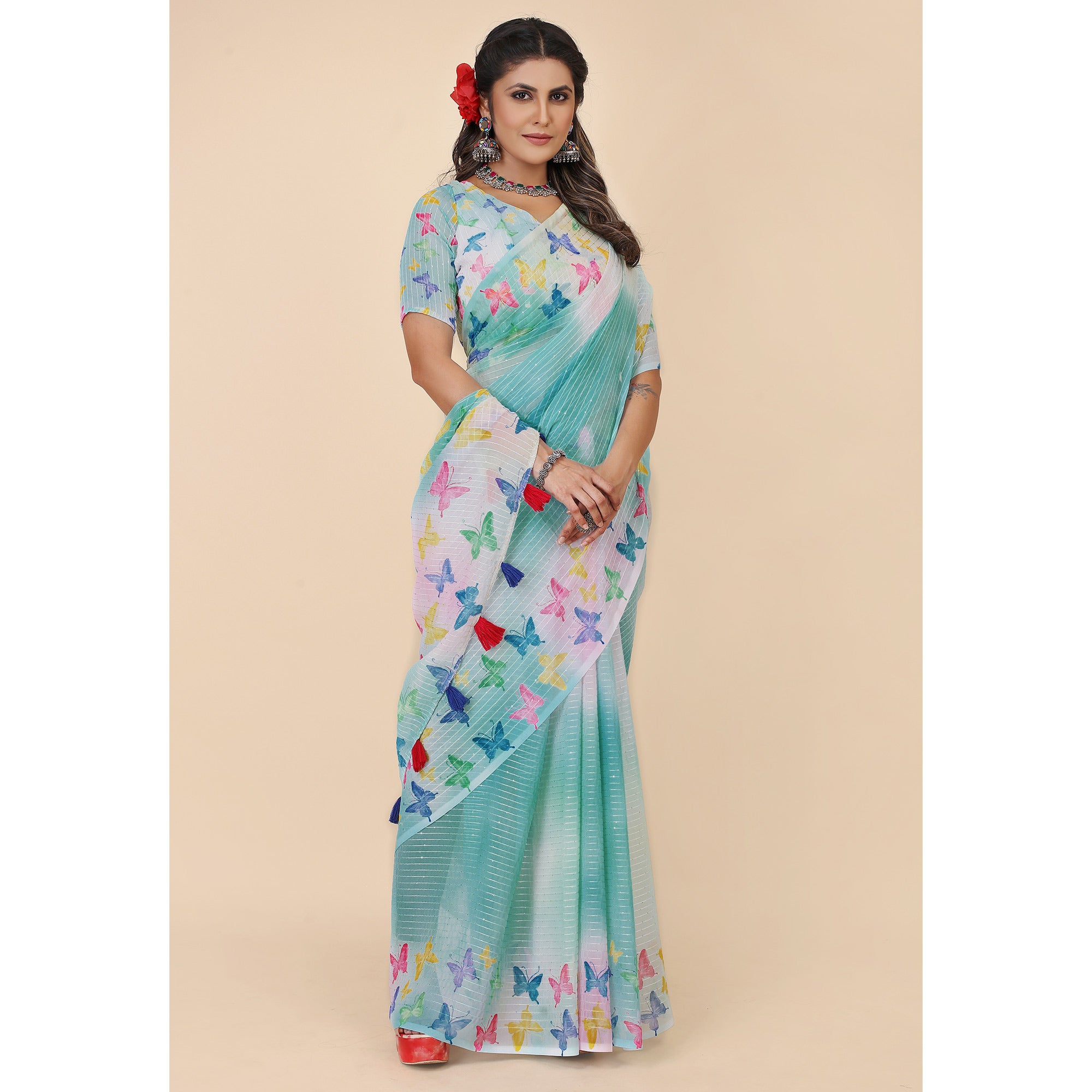 Blue Digital Printed With Sequins Work Georgette Saree