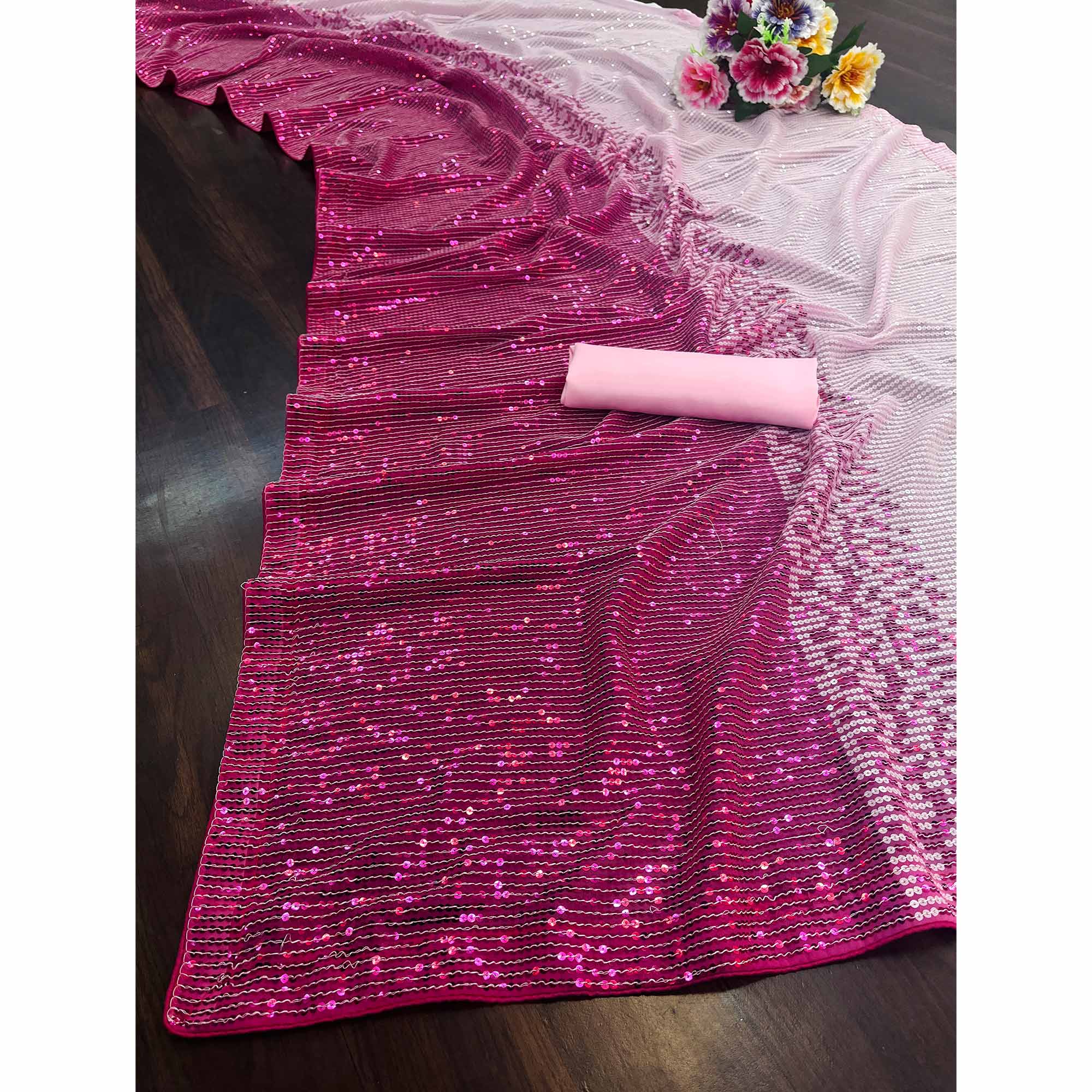 Pink Sequins Digital print Georgette Saree