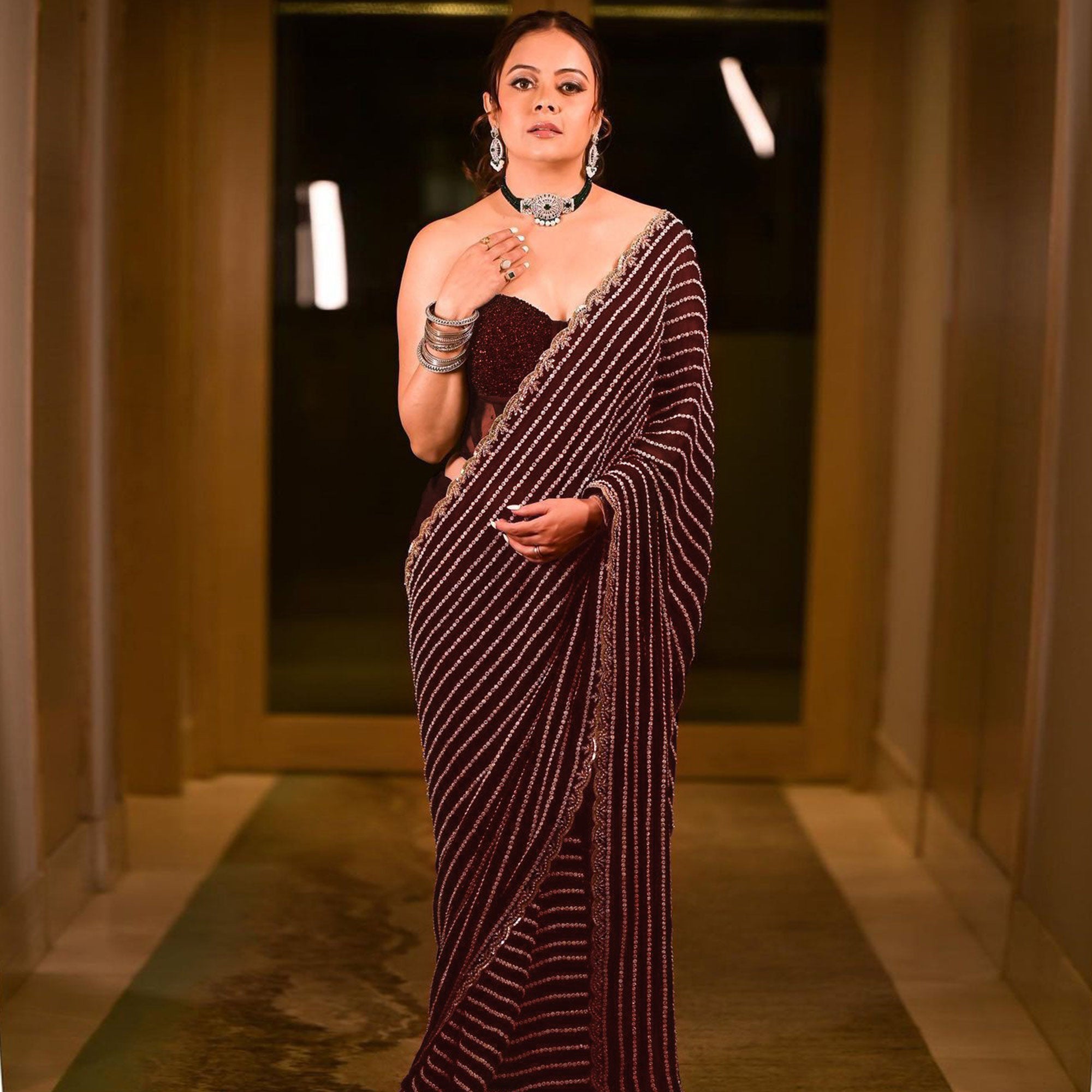 Brown Sequins Embroidered Georgette Saree