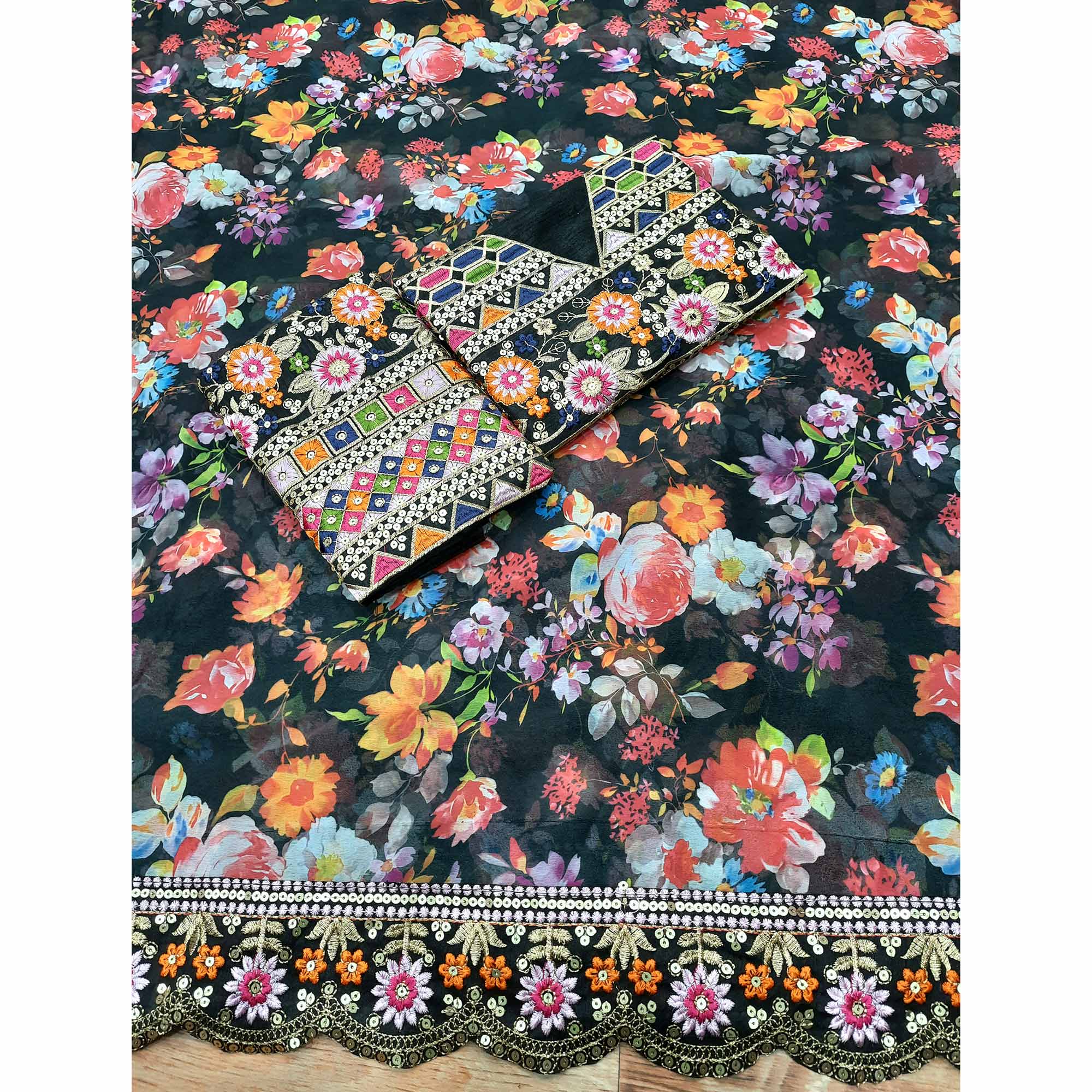 Black Floral Digital Printed Georgette Saree With Embroidered Border