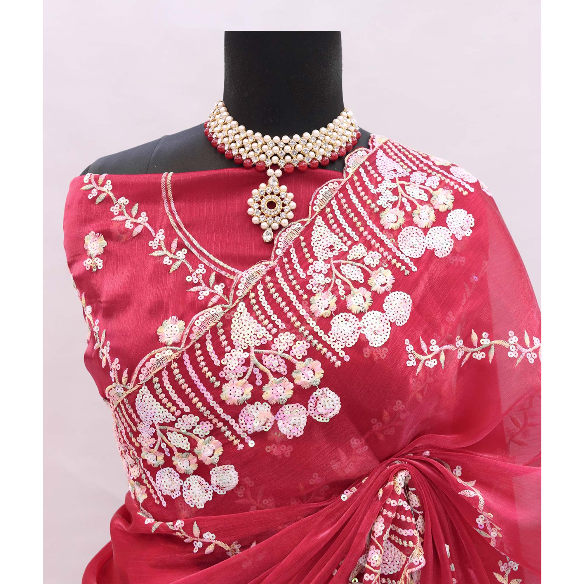 Plum Red Sequins Embroidered Chiffon Saree