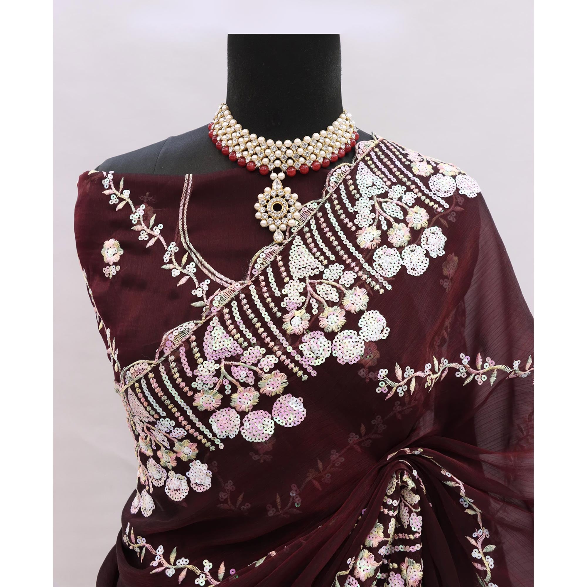 Dark Maroon Sequins Embroidered Chiffon Saree