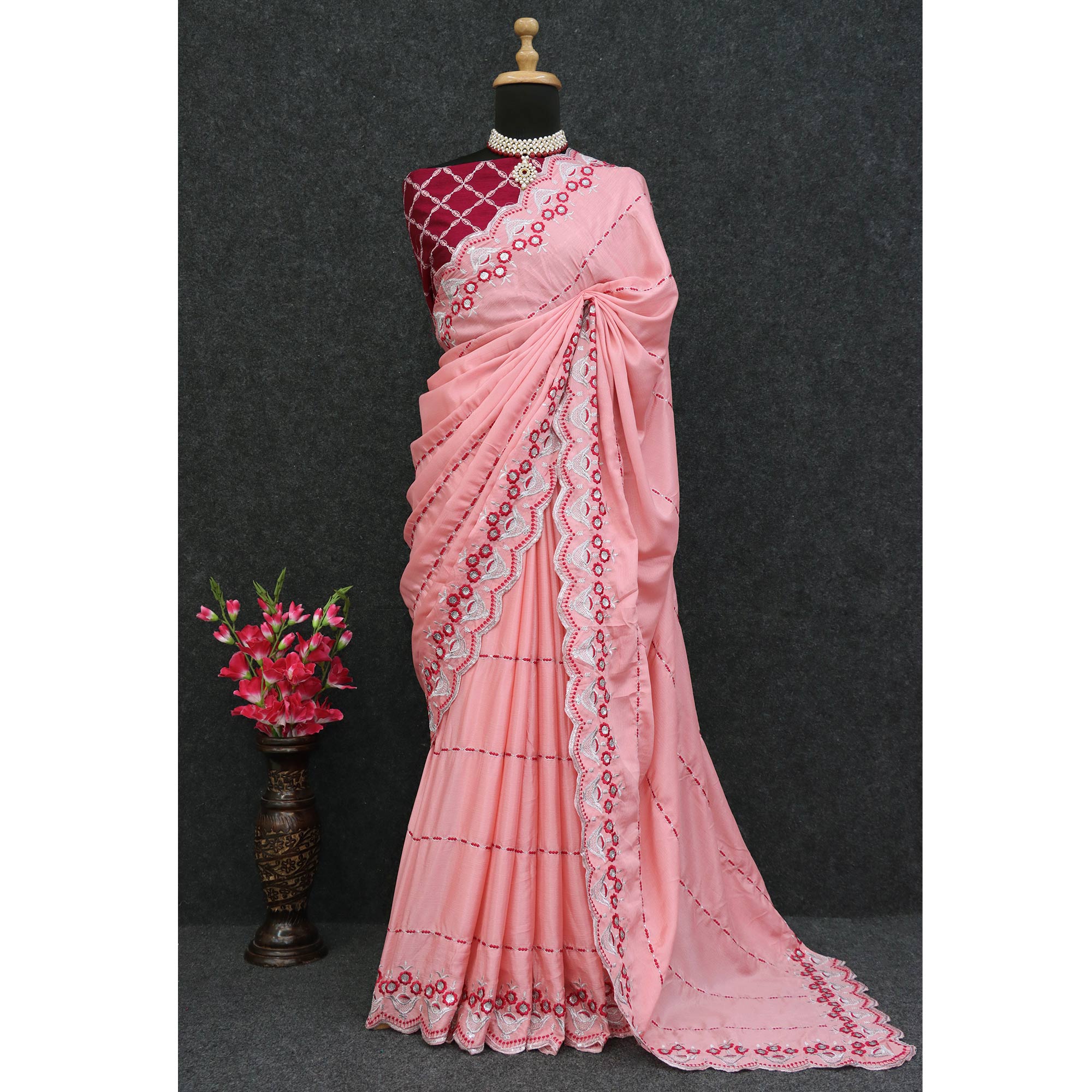 Peach Sequins Embroidered Chinon Saree