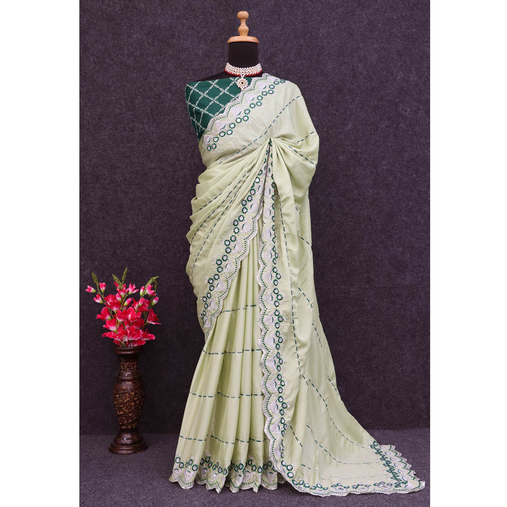 Pista Green Sequins Embroidered Chinon Saree