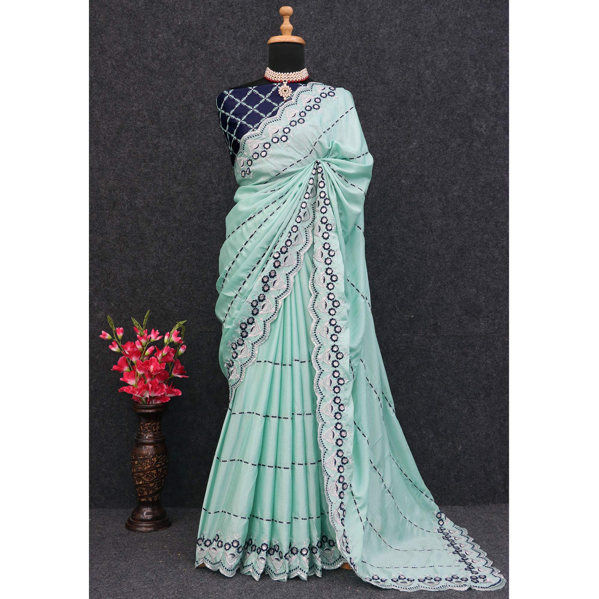 Turquoise Sequins Embroidered Chinon Saree
