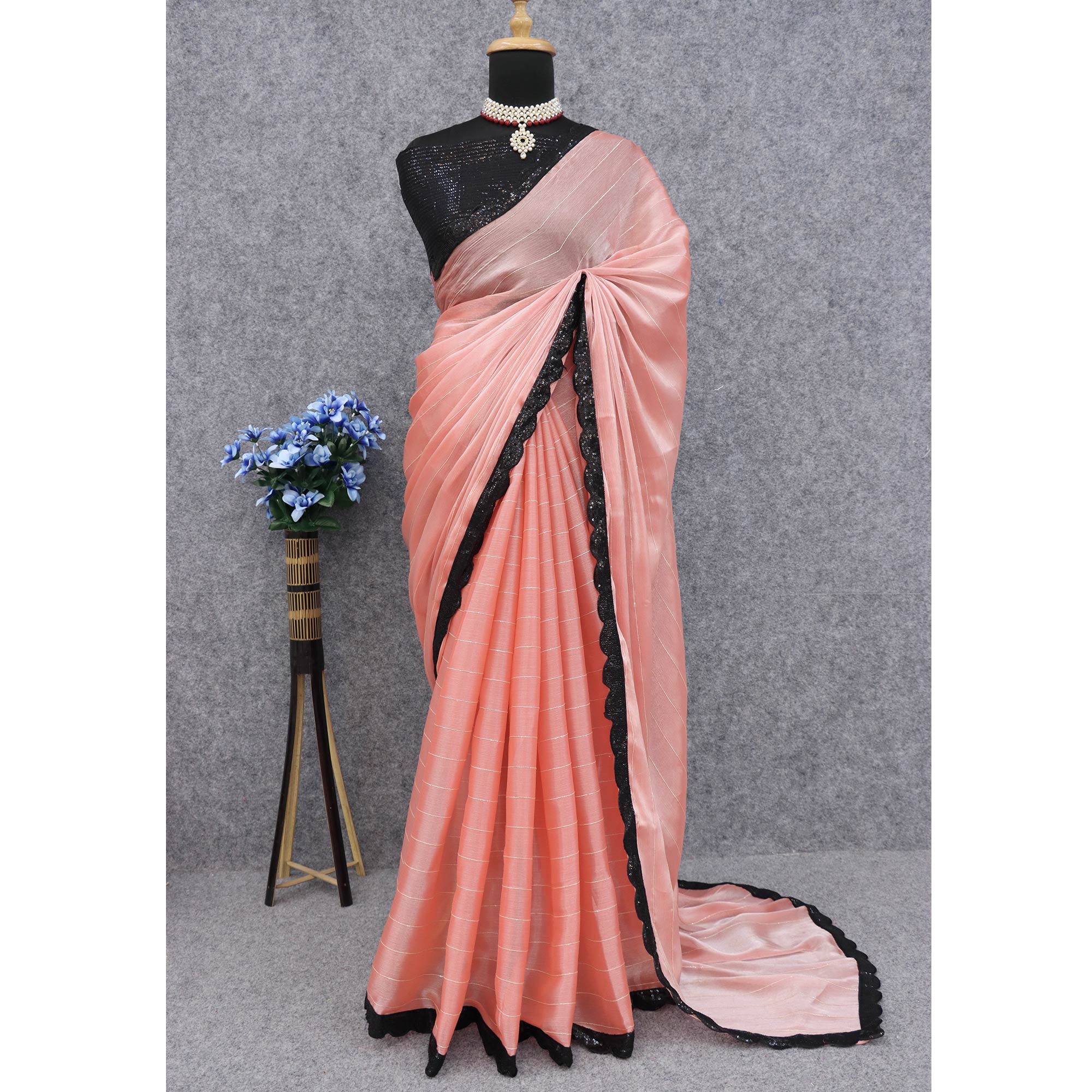 Peach Sequins Embroidered Chiffon Saree