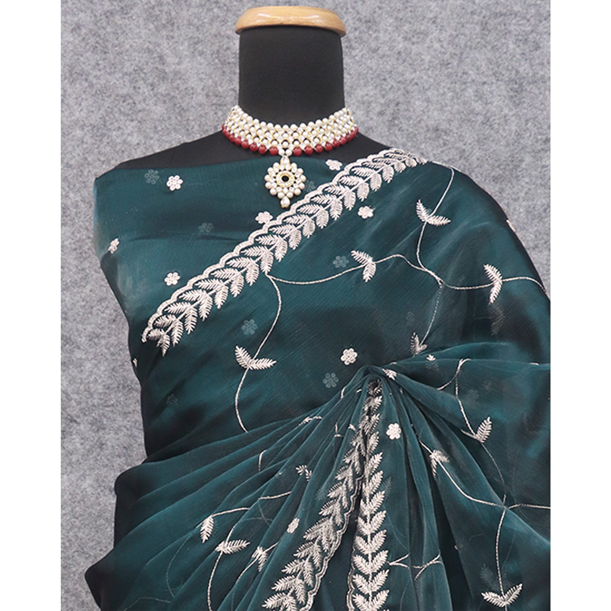 Dark Morpich Sequins Embroidered Chiffon Silk Saree