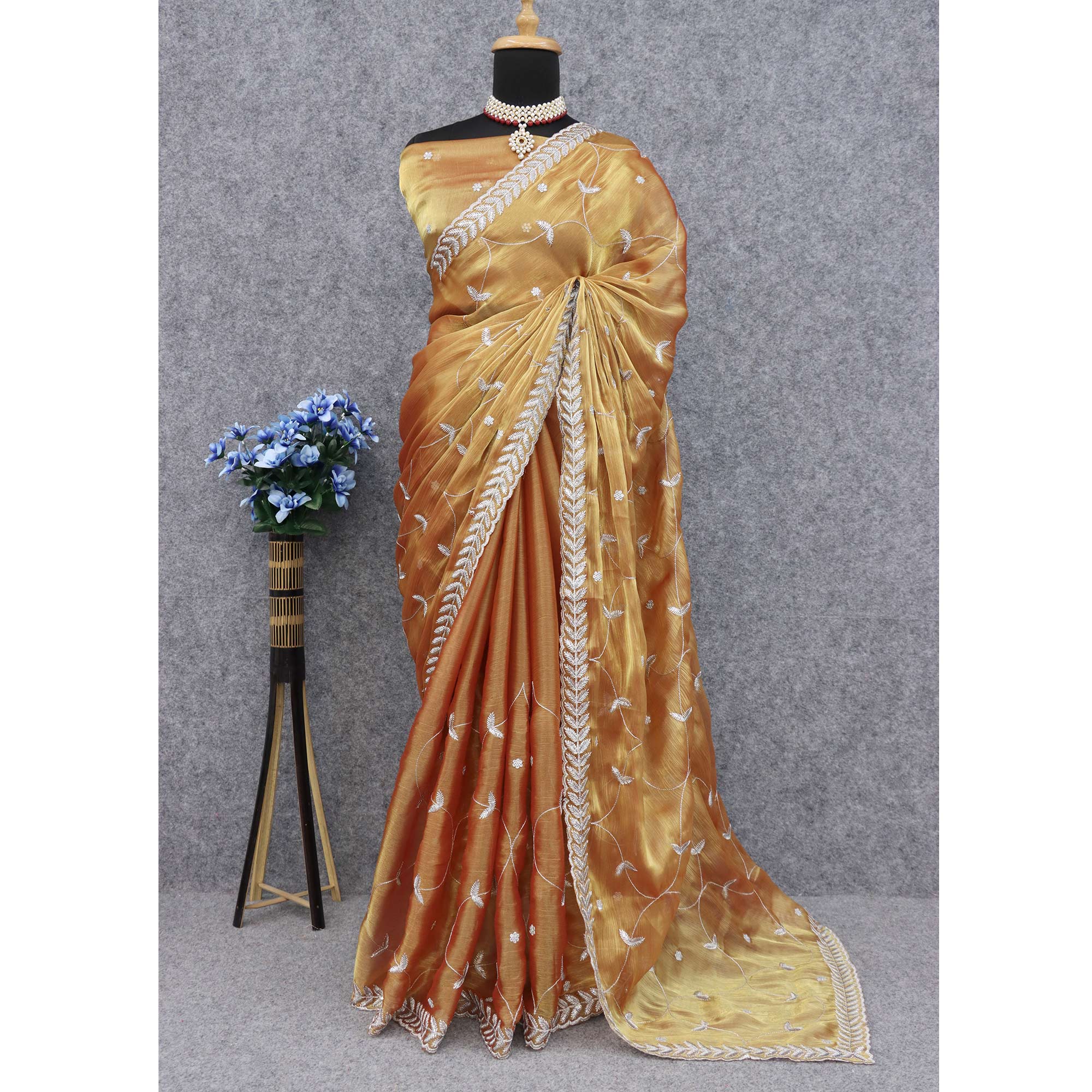 Golden Sequins Embroidered Chiffon Saree