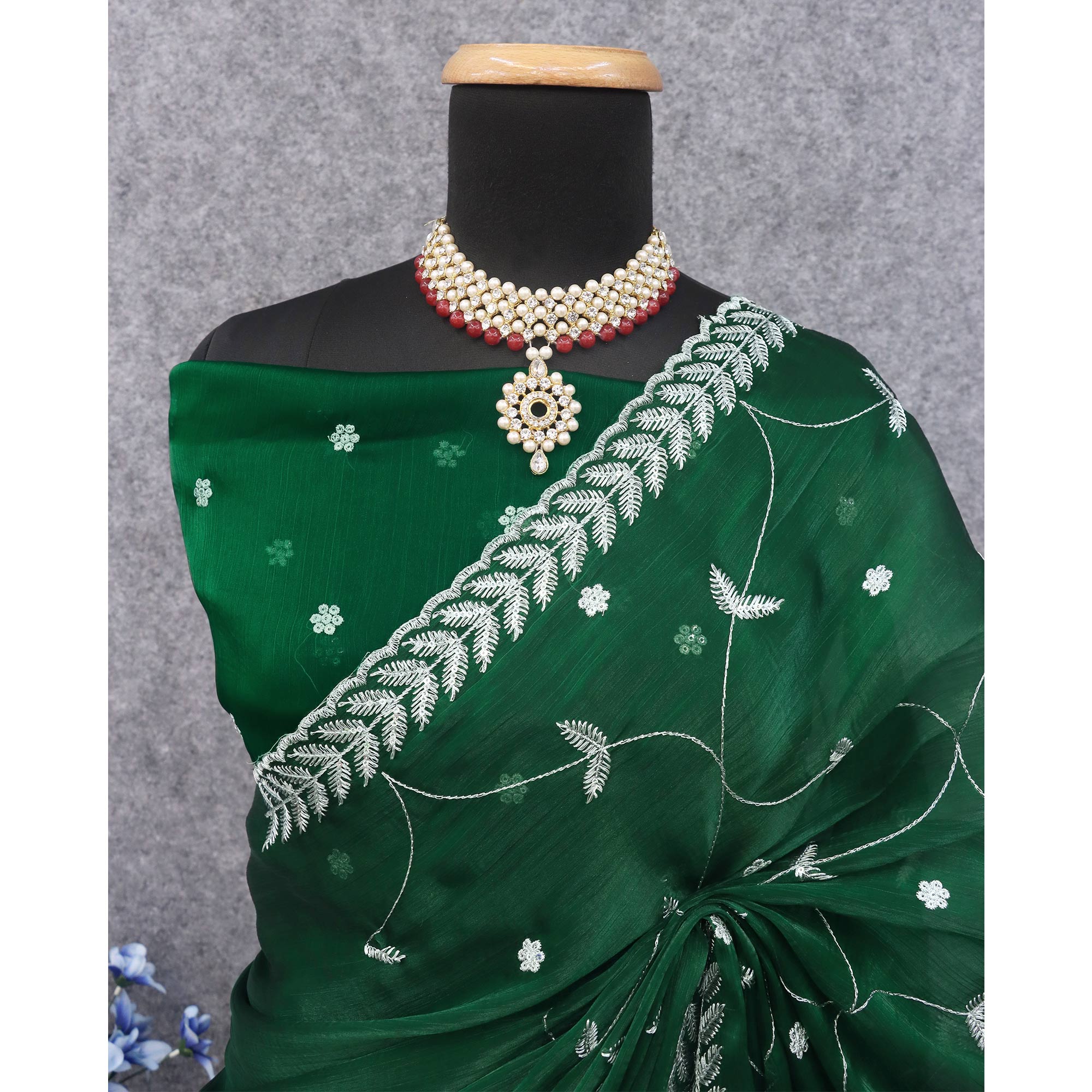 Green Sequins Embroidered Chiffon Silk Saree