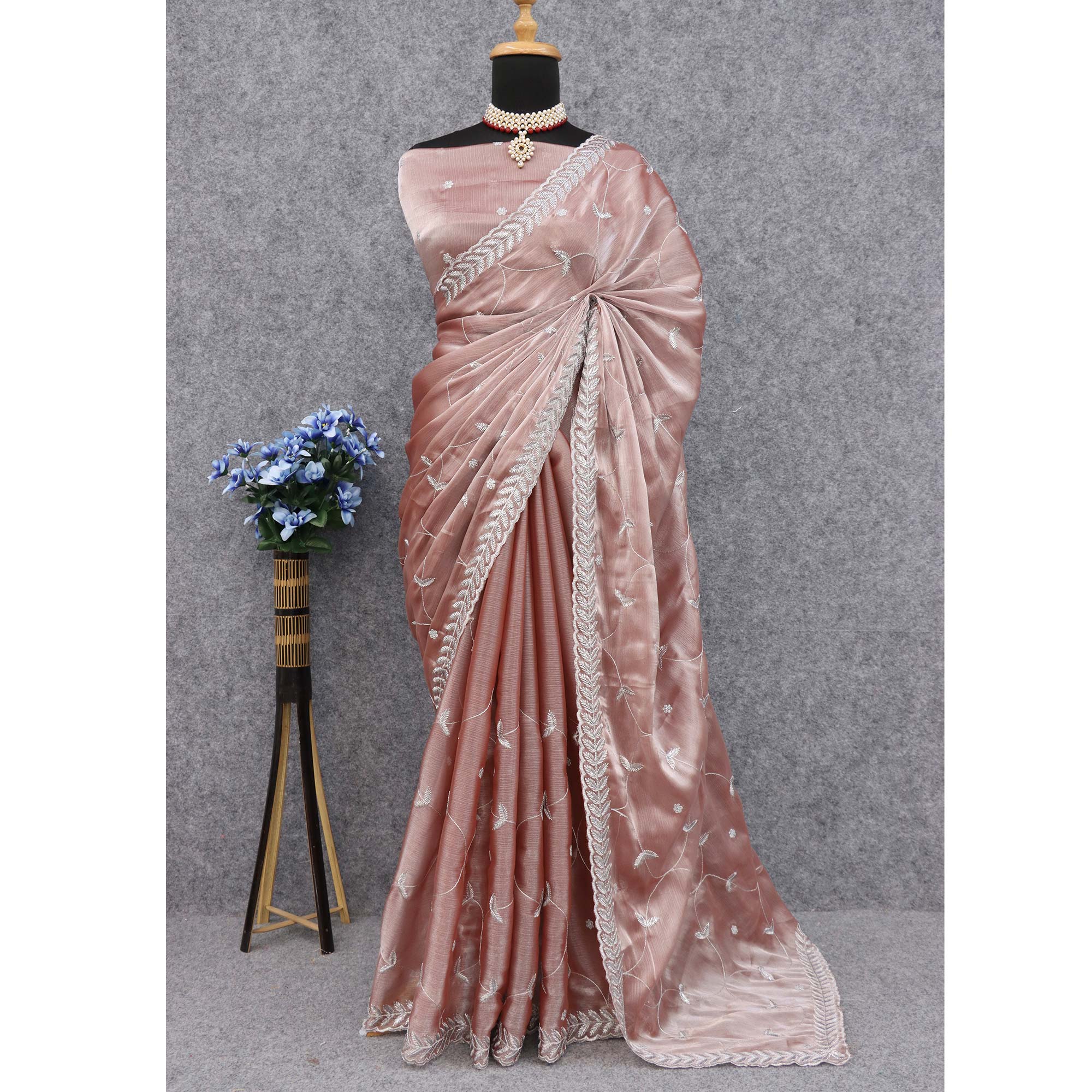 Powder Pink Sequins Embroidered Chiffon Saree