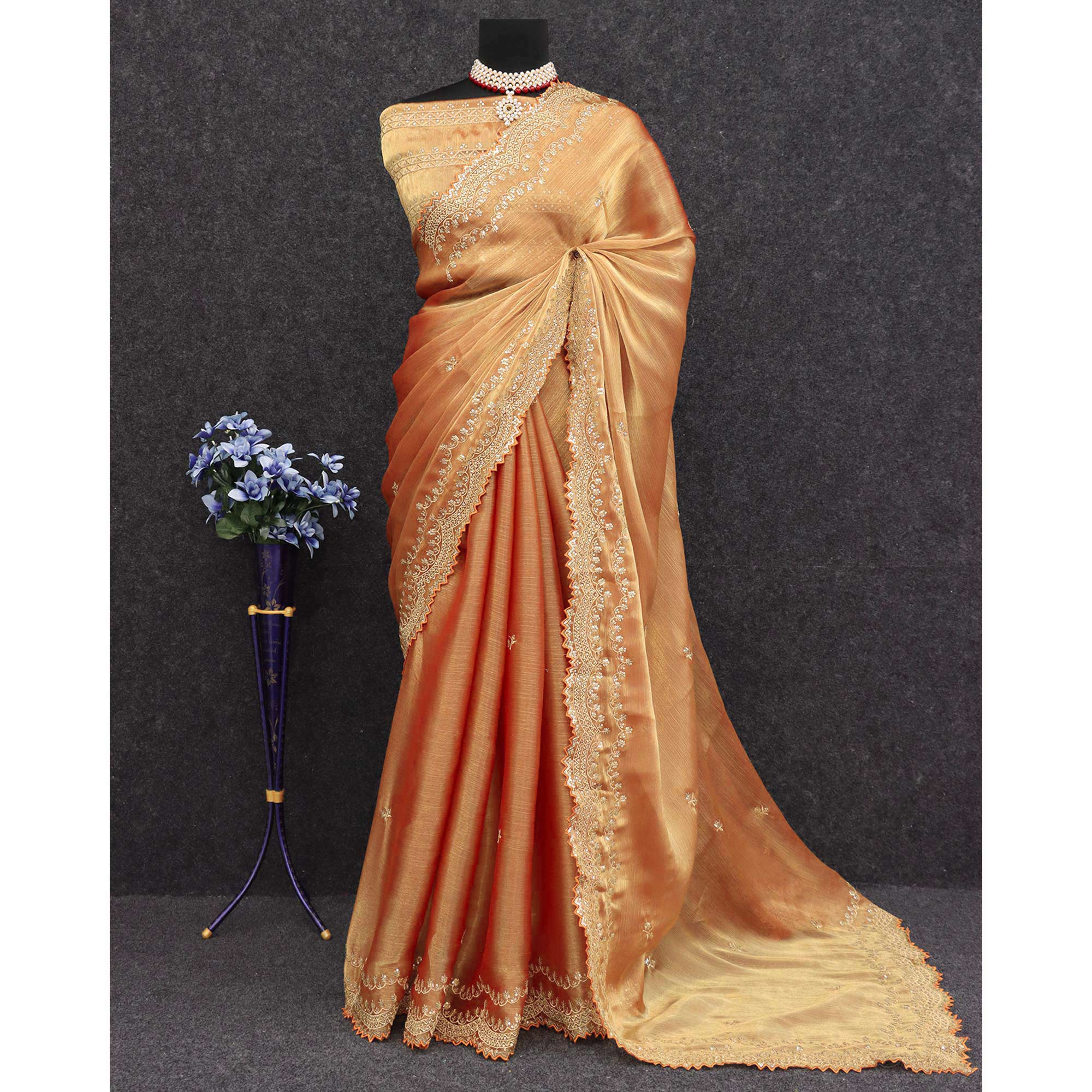 Gold Sequins Embroidered Chiffon Saree