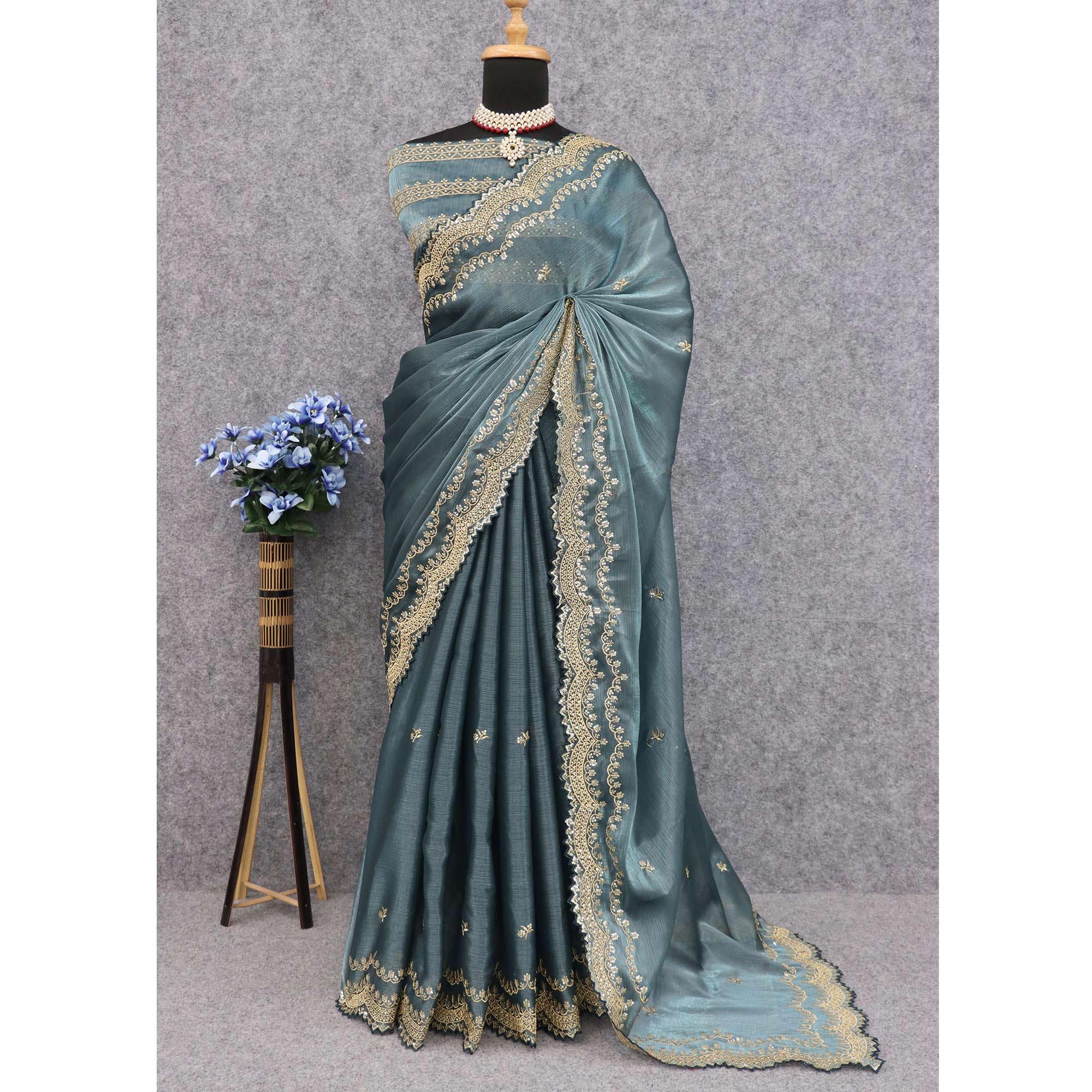 Salty Grey Sequins Embroidered Chiffon Saree