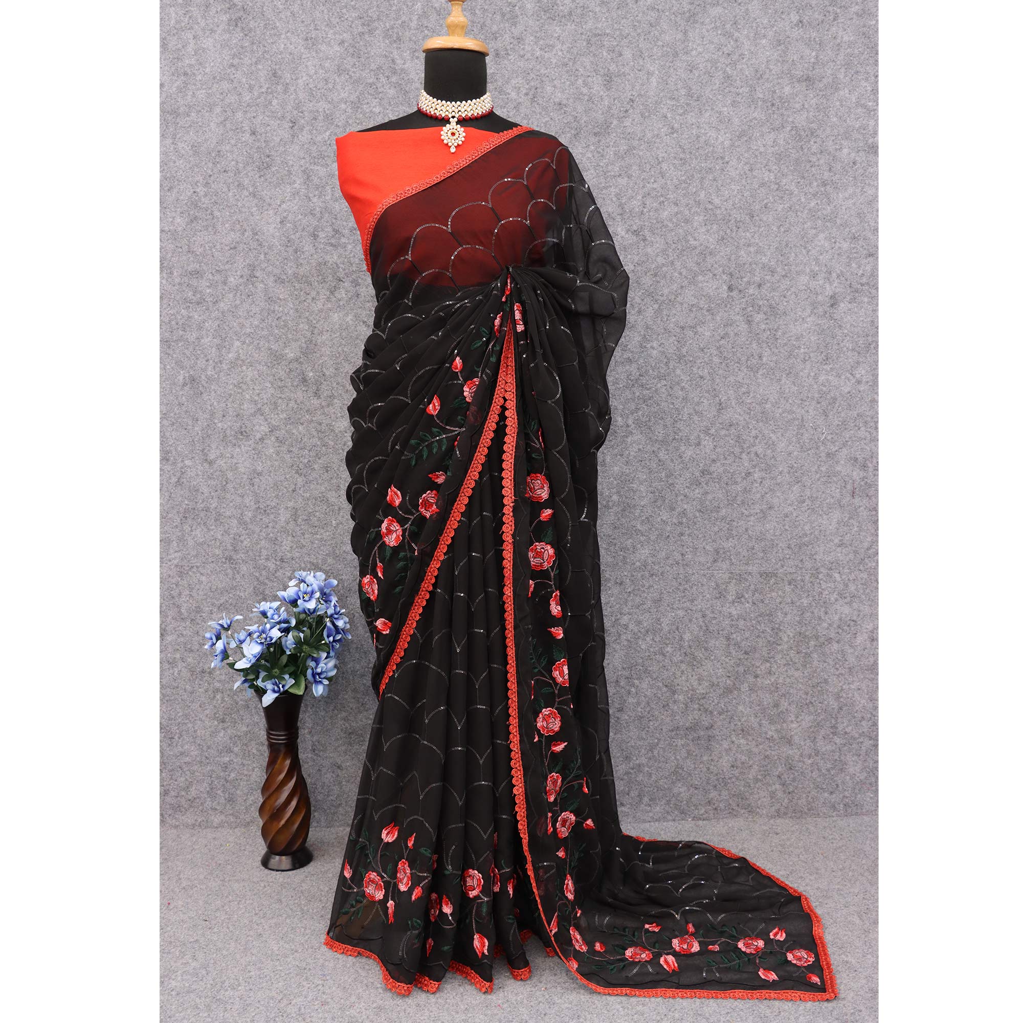 Black Floral Embroidered Georgette Saree