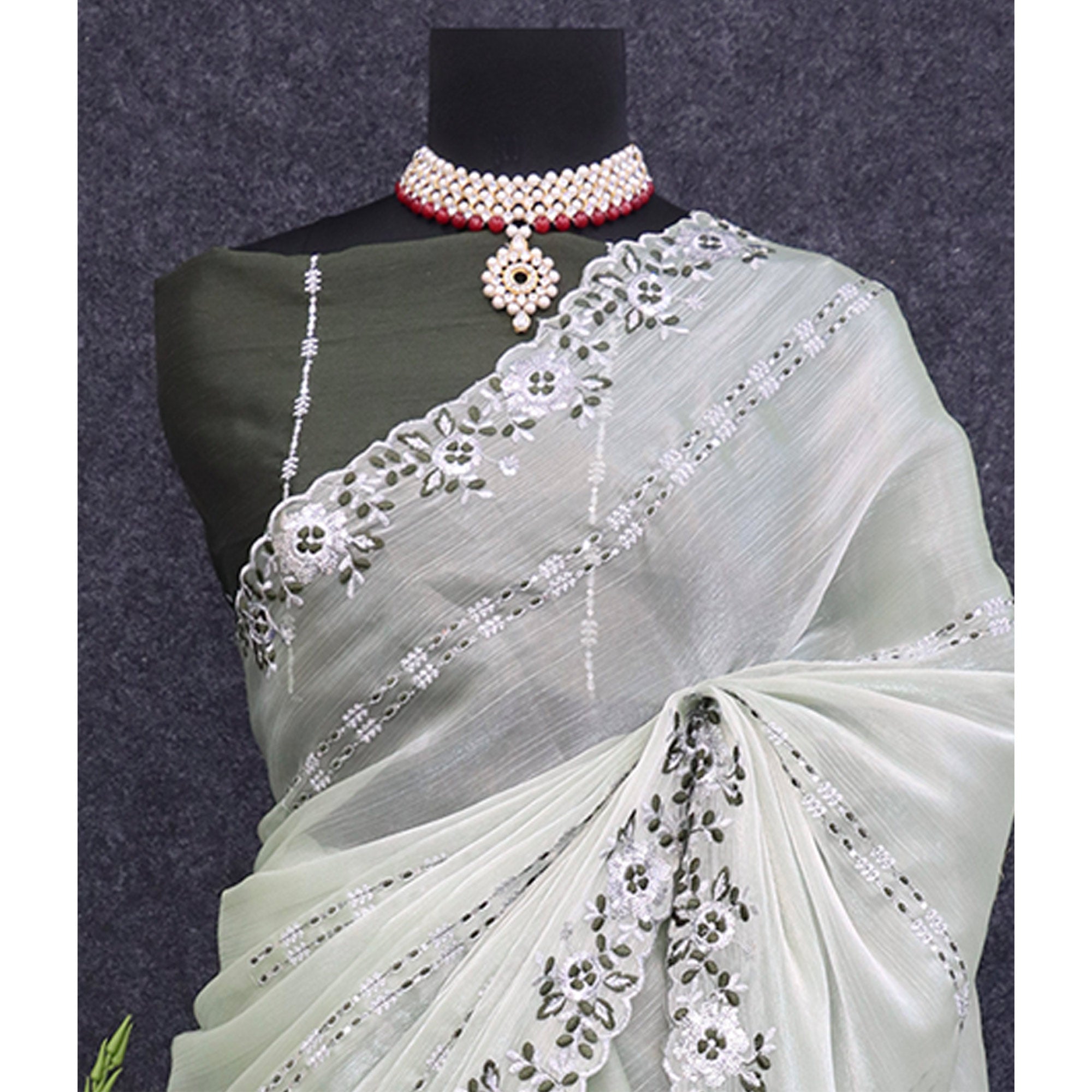 Green Sequins Embroidered Chiffon Saree