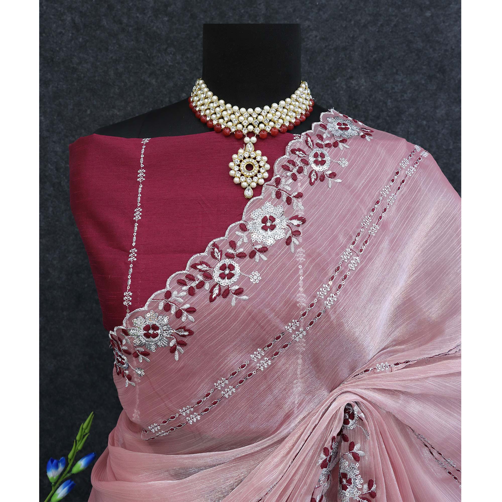 Pink Sequins Embroidered Chiffon Saree