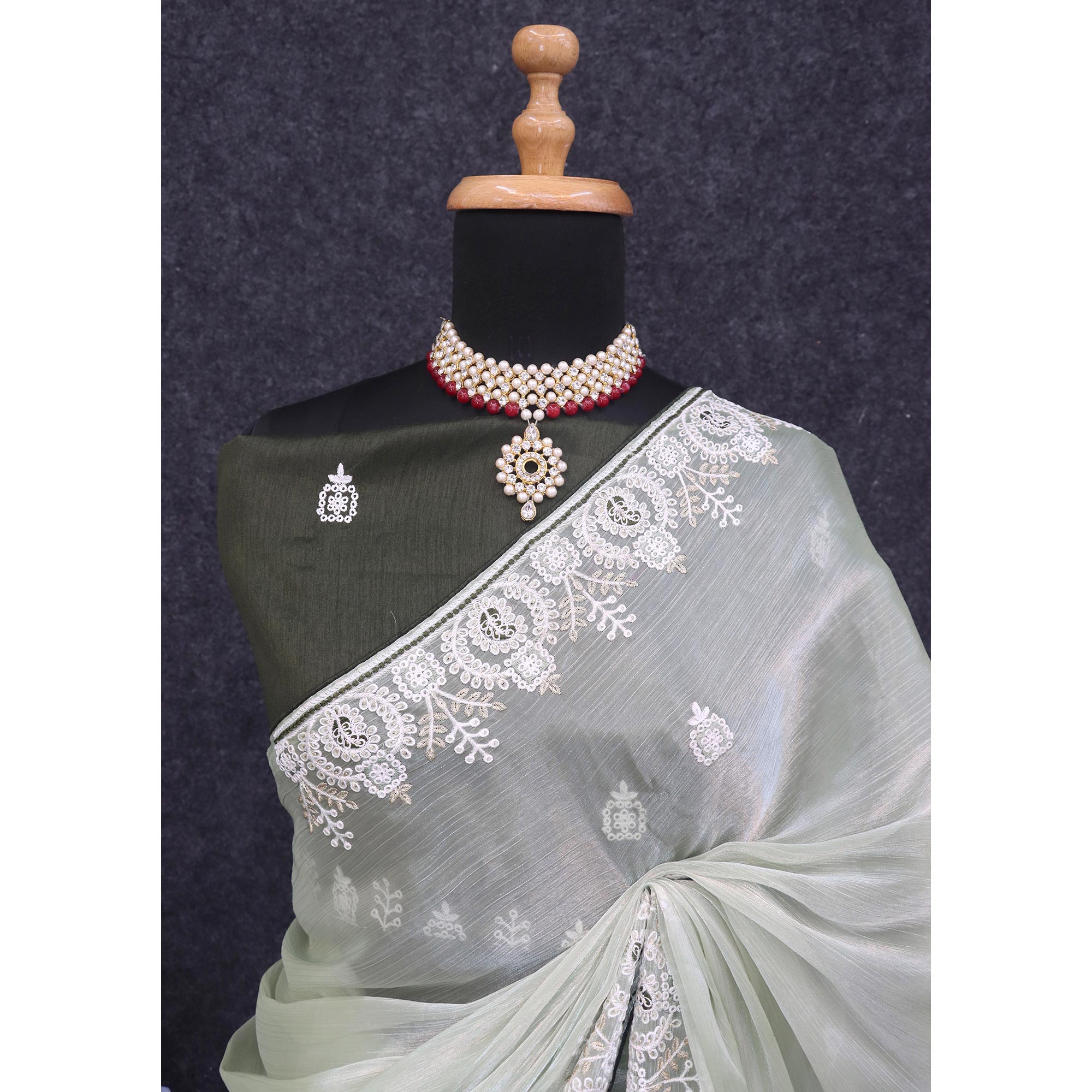 Green Sequins Embroidered Chiffon Silk Saree