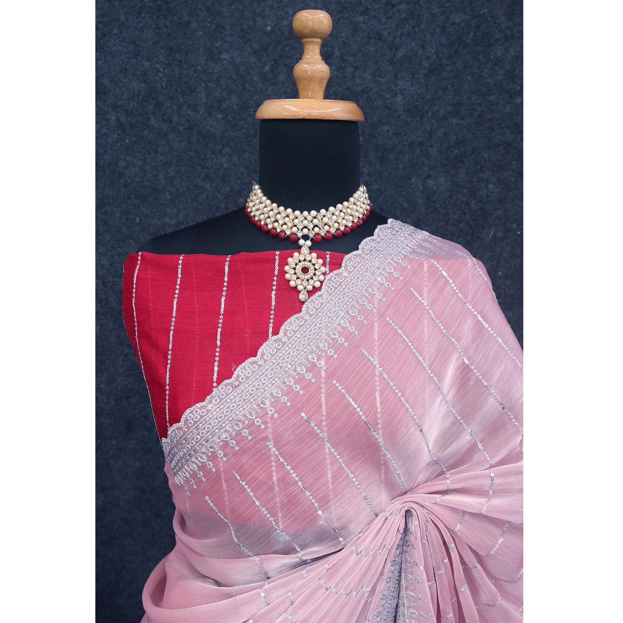 Pink Sequins Embroidered Chiffon Silk Saree