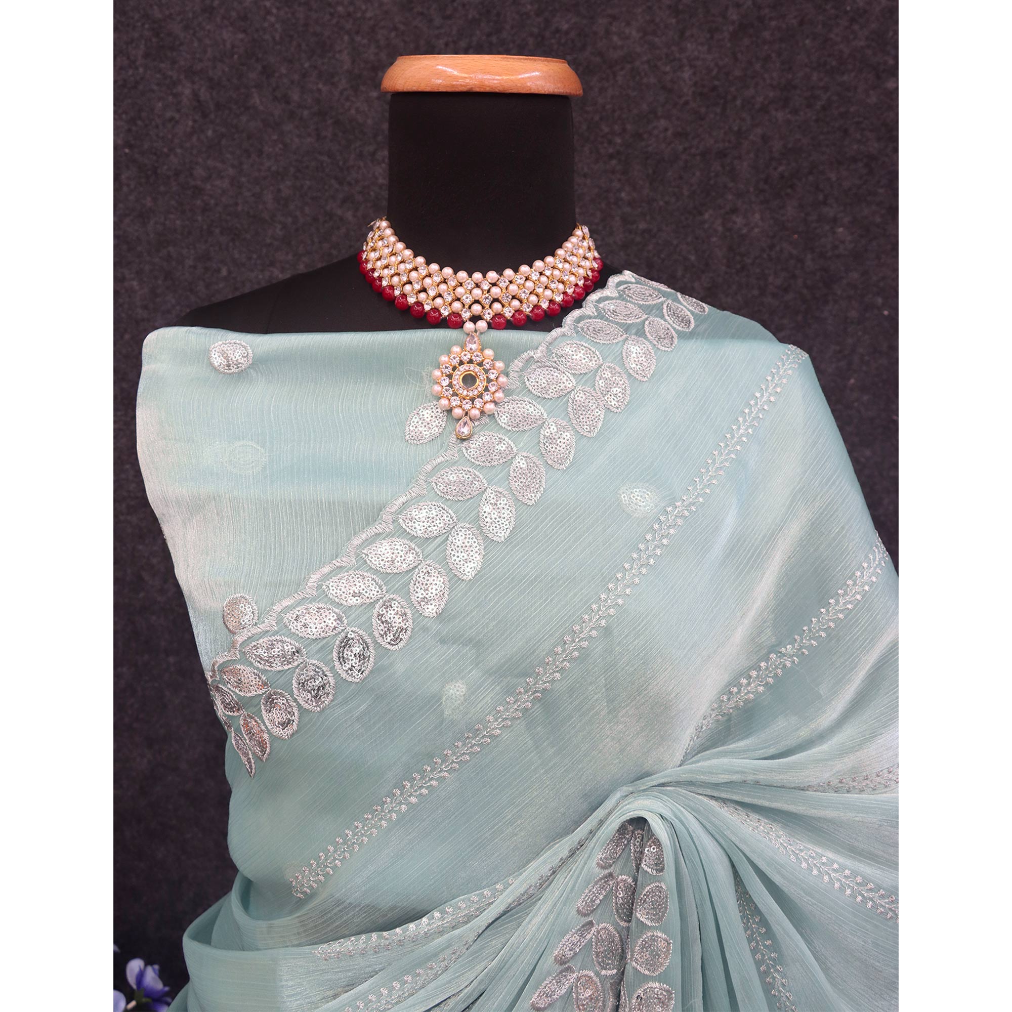Blue Sequins Embroidered Chiffon Silk Saree