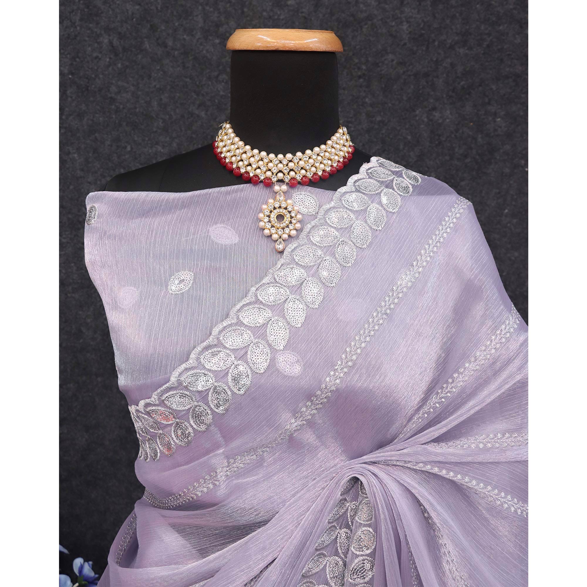 Lavender Sequins Embroidered Chiffon Silk Saree