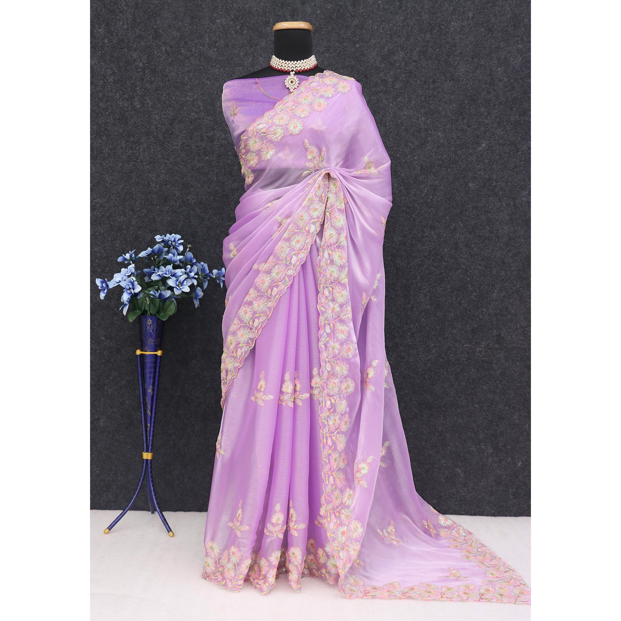 Purple Sequins Embroidered Chiffon Saree