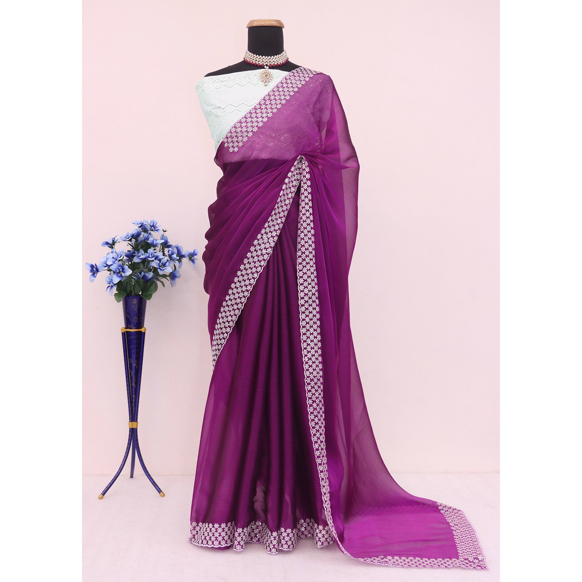 Purple Sequins Embroidered Chiffon Saree