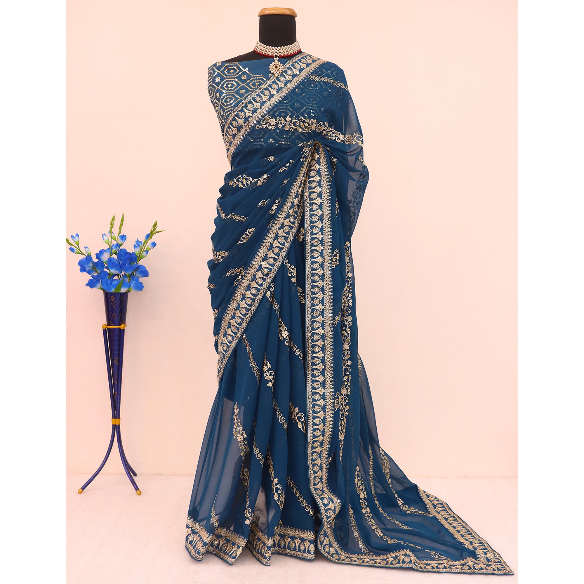 Blue Sequins Embroidered Georgette Saree
