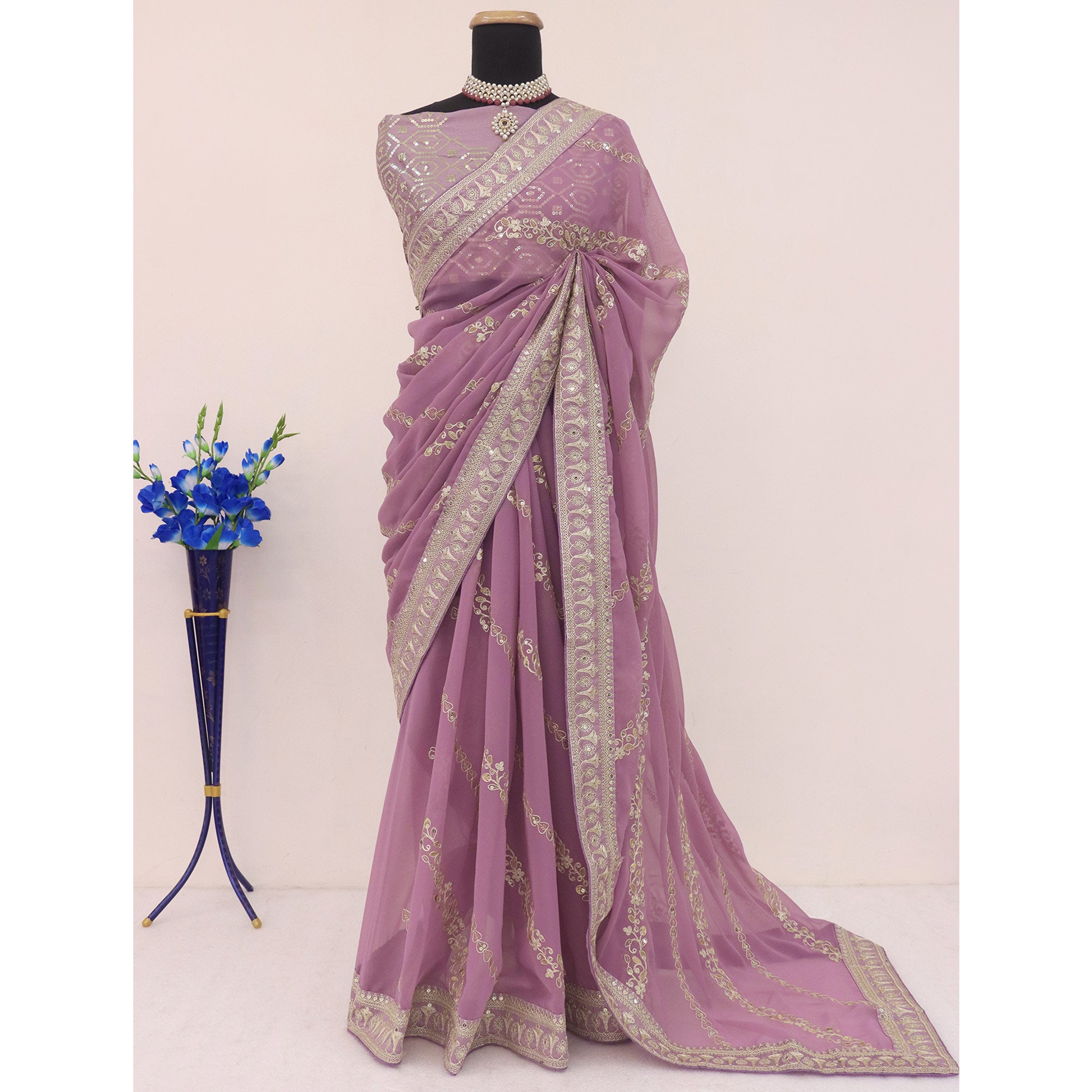 Onion Pink Sequins Embroidered Georgette Saree
