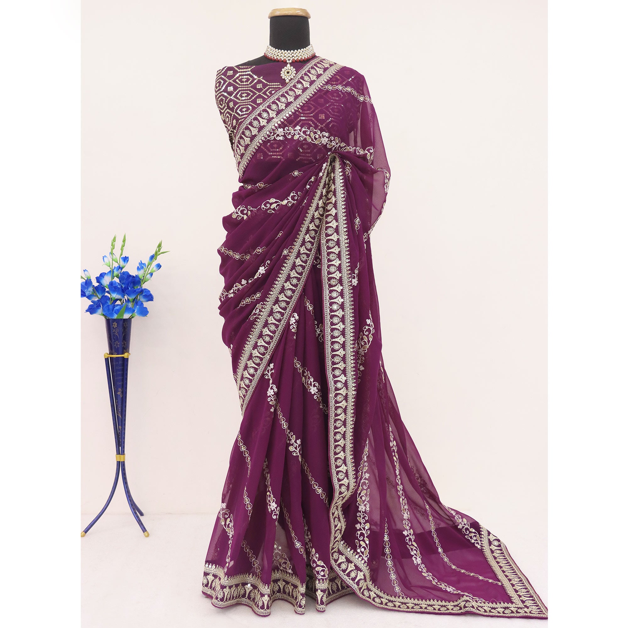 Purple Sequins Embroidered Georgette Saree