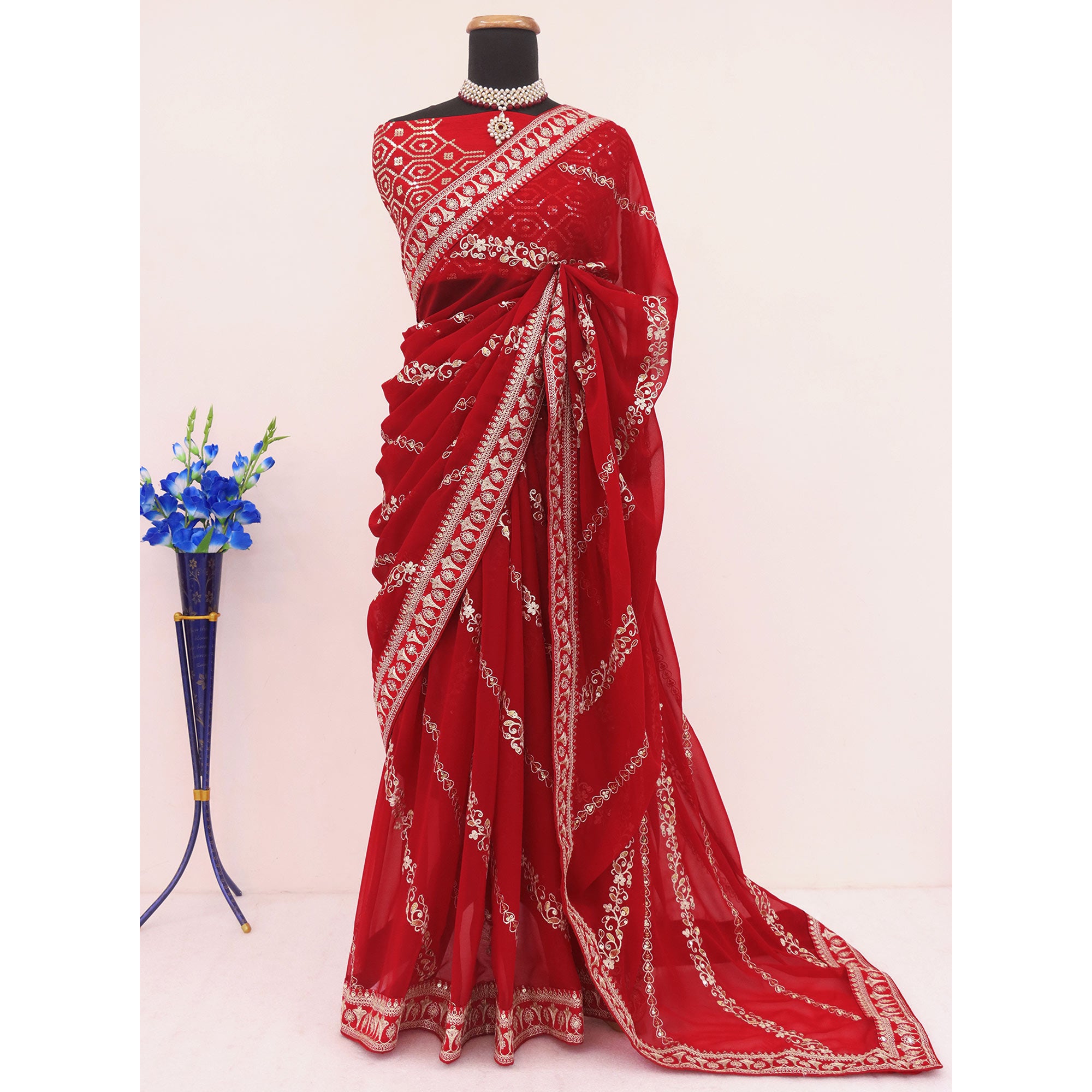 Red Sequins Embroidered Georgette Saree