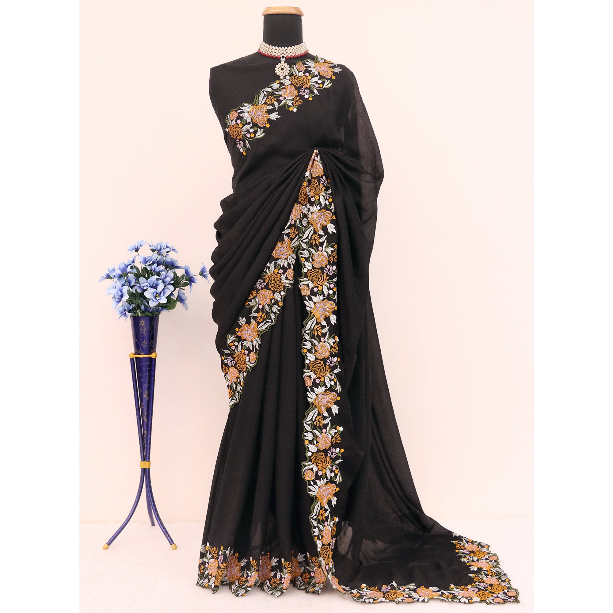 Black Embroidery Vichitra Silk Saree With Floral Border