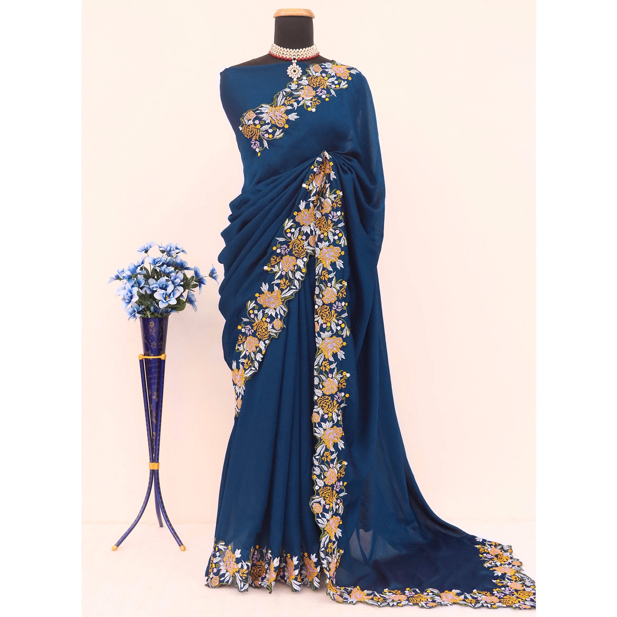 Blue Embroidery Vichitra Silk Saree With Floral Border
