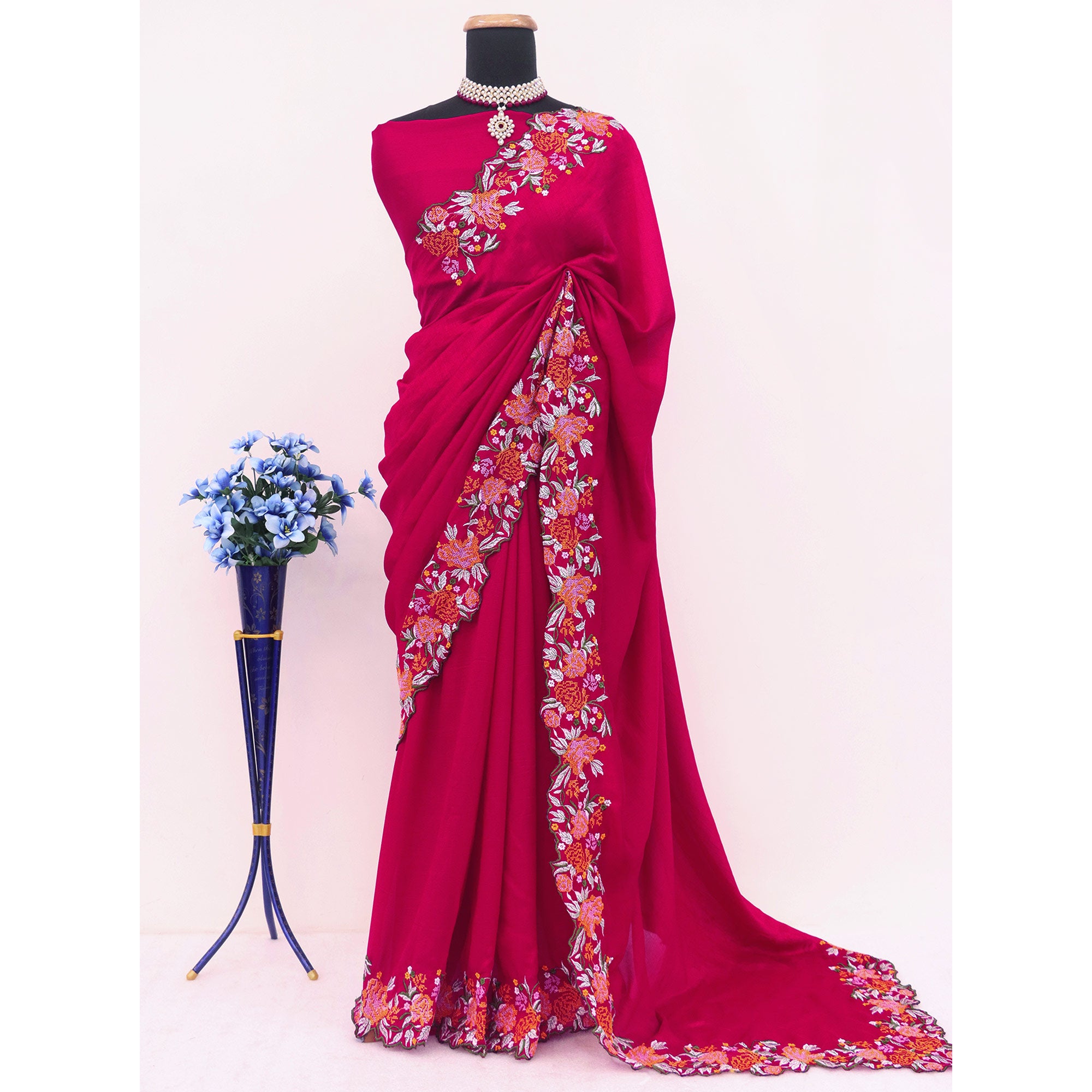 Pink Embroidery Vichitra Silk Saree With Floral Border