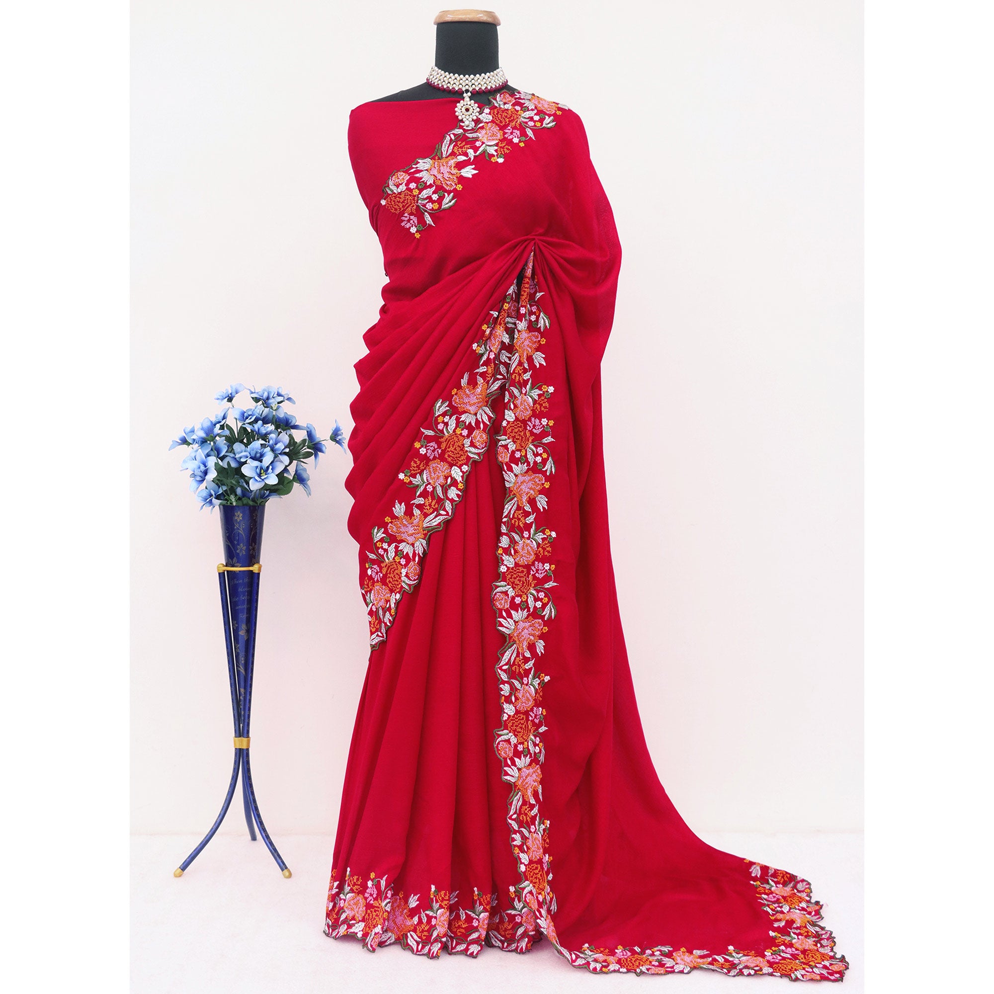 Red Embroidery Vichitra Silk Saree With Floral Border