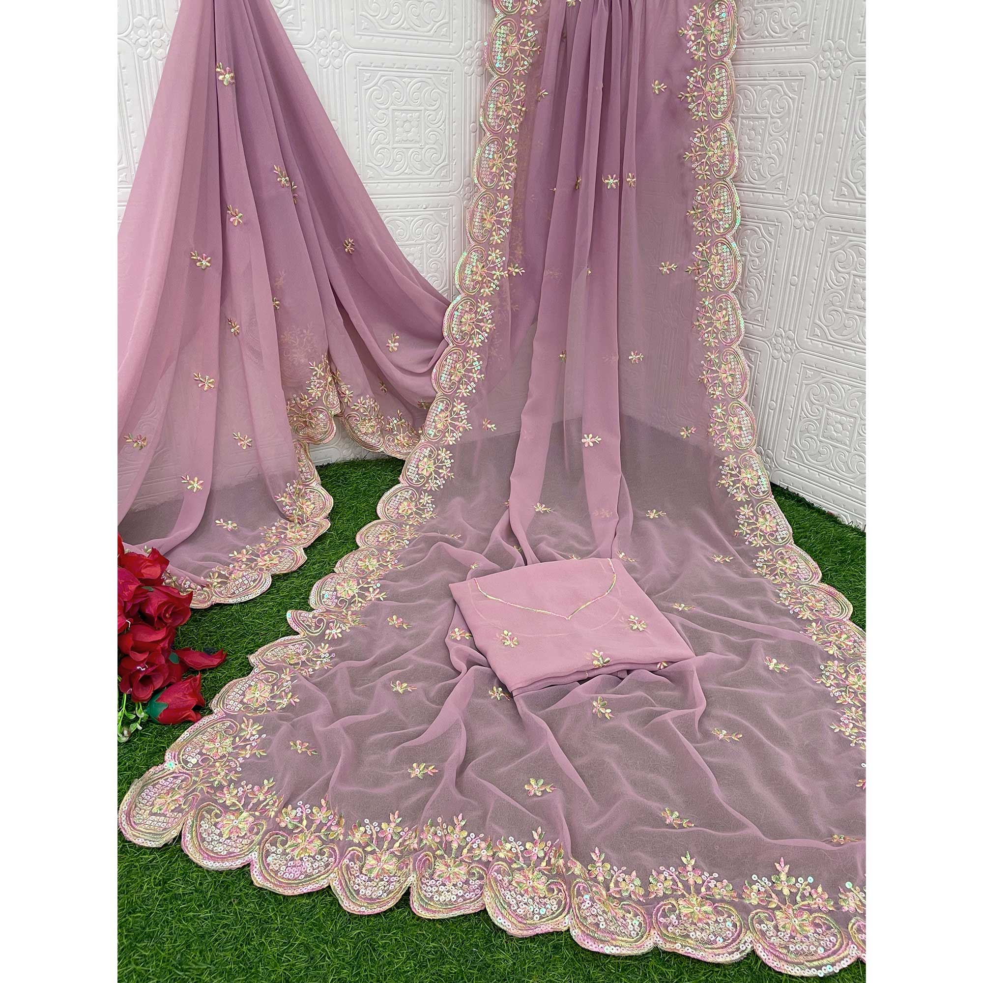 Pink Floral Sequins Embroidered Georgette Saree