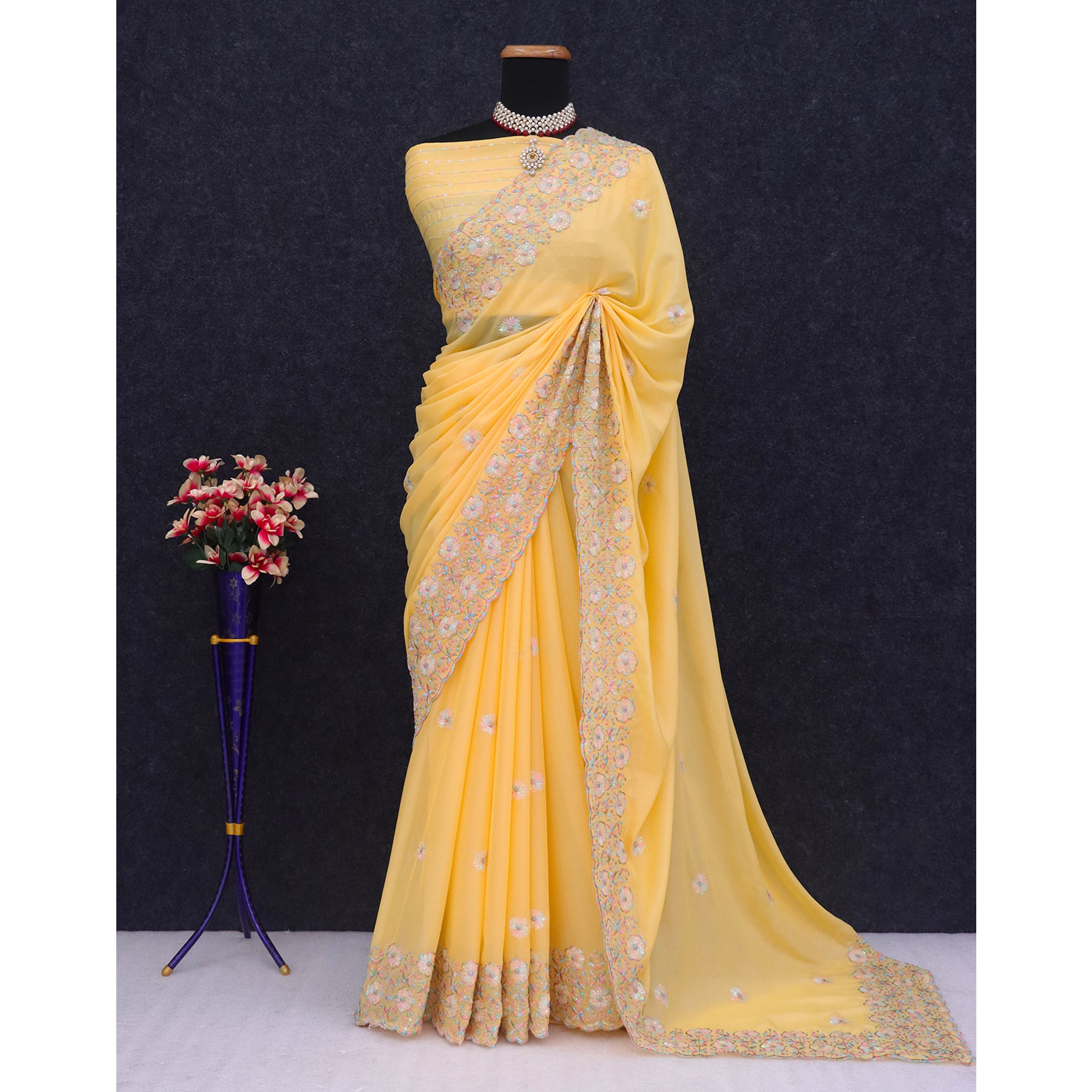 Yellow Floral Sequins Embroidered Crepe Silk Saree