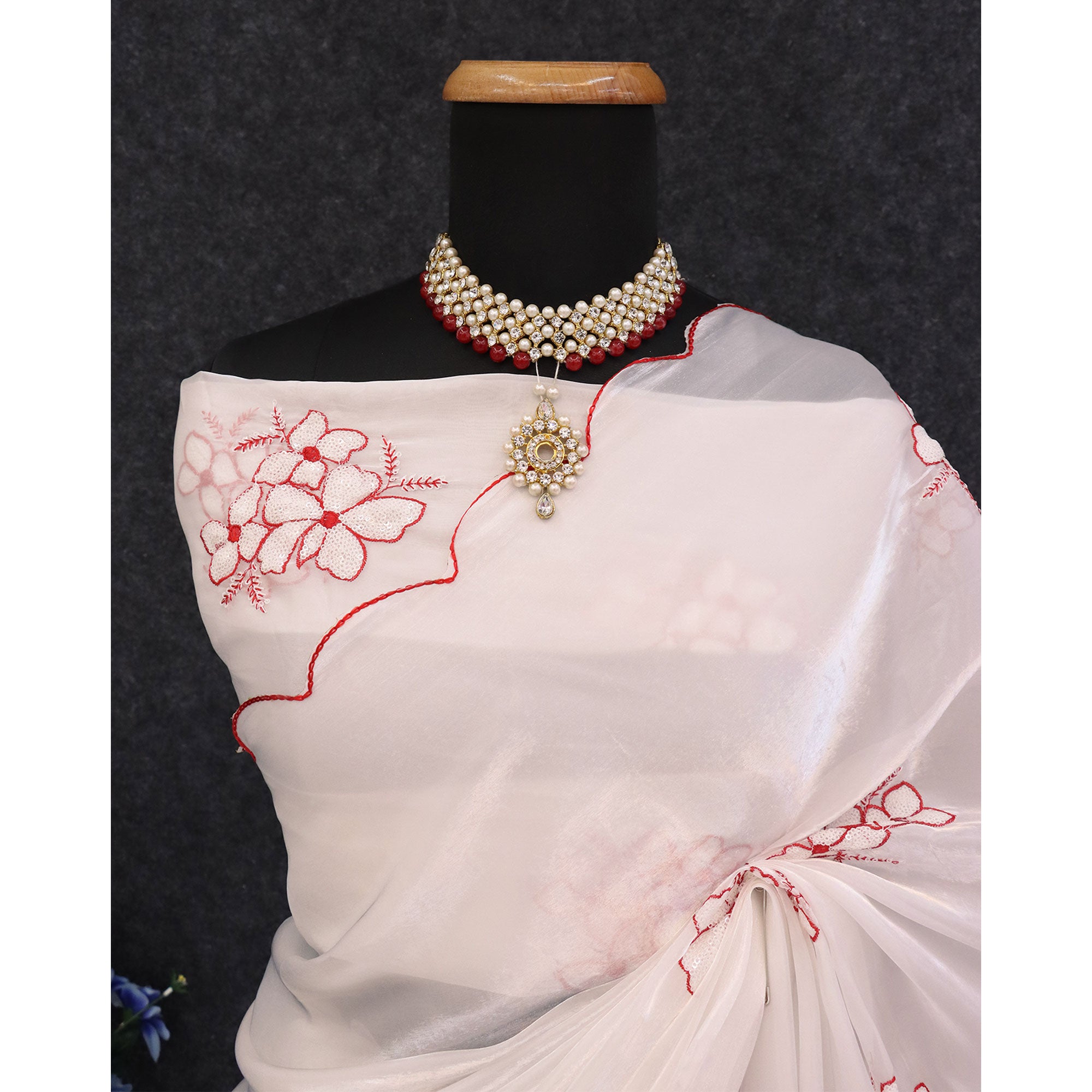 White Sequins Embroidered Satin Saree