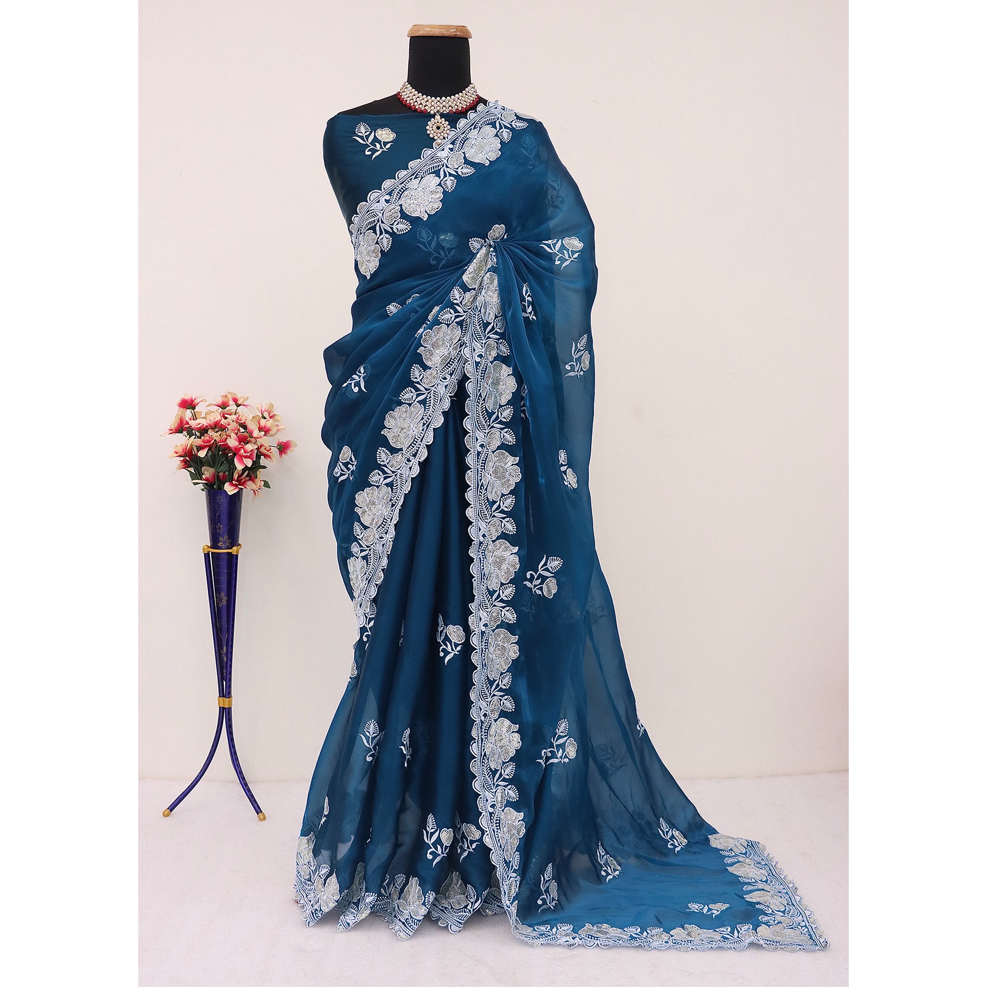 Blue Floral Embroidered Satin Saree