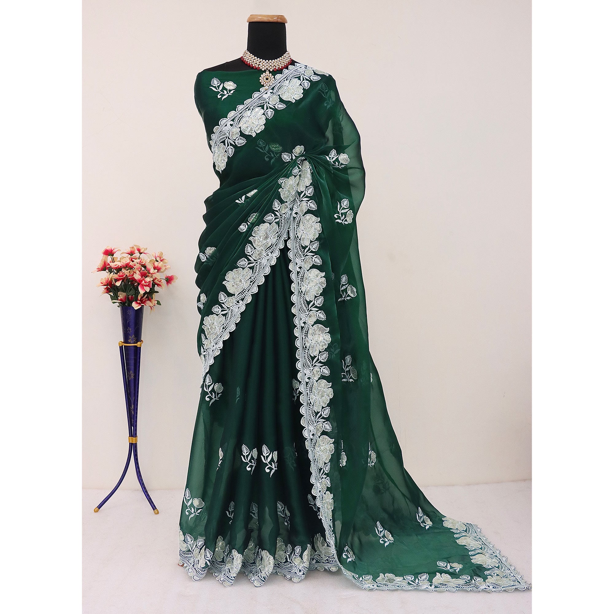 Green Floral Embroidered Satin Saree