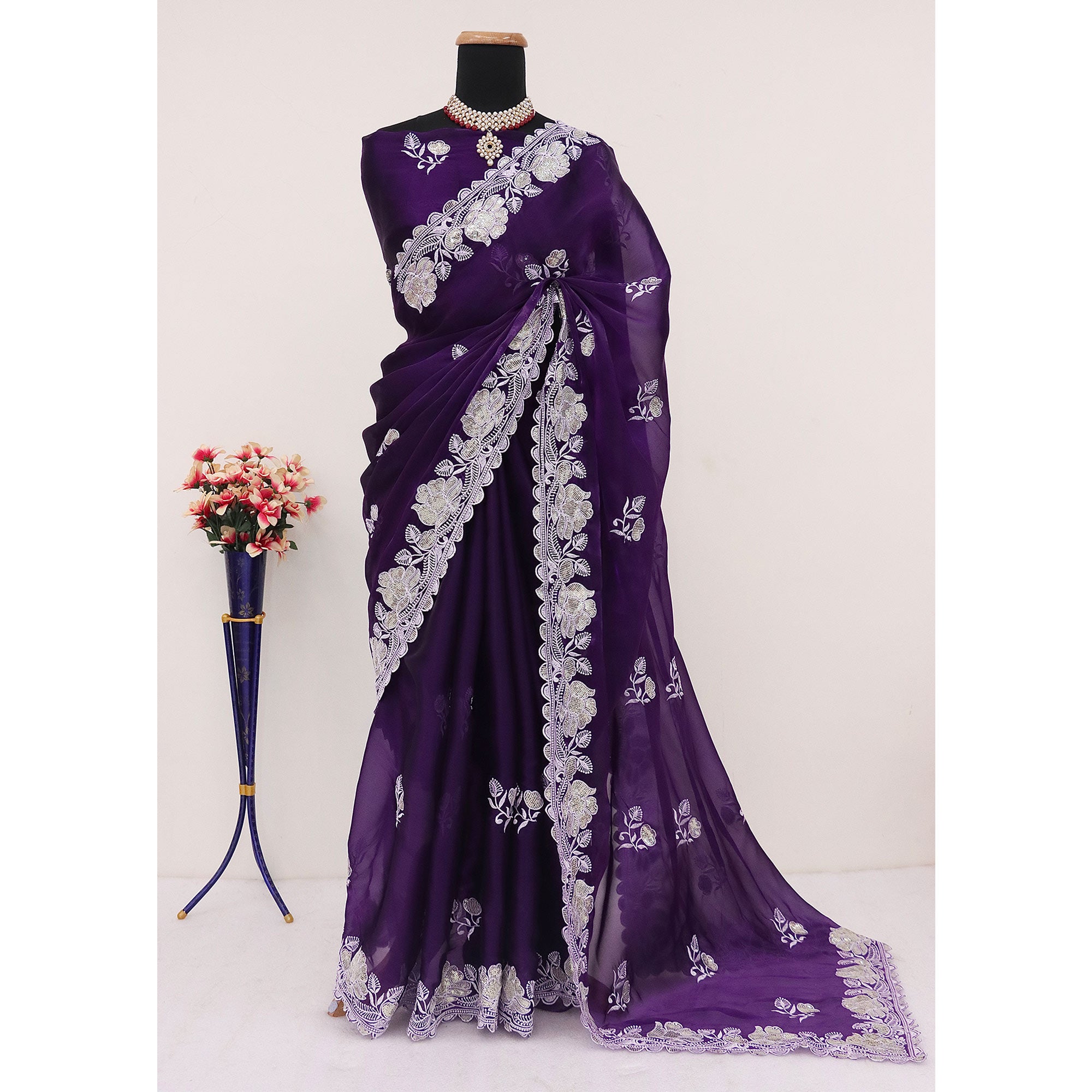 Purple Floral Embroidered Satin Saree