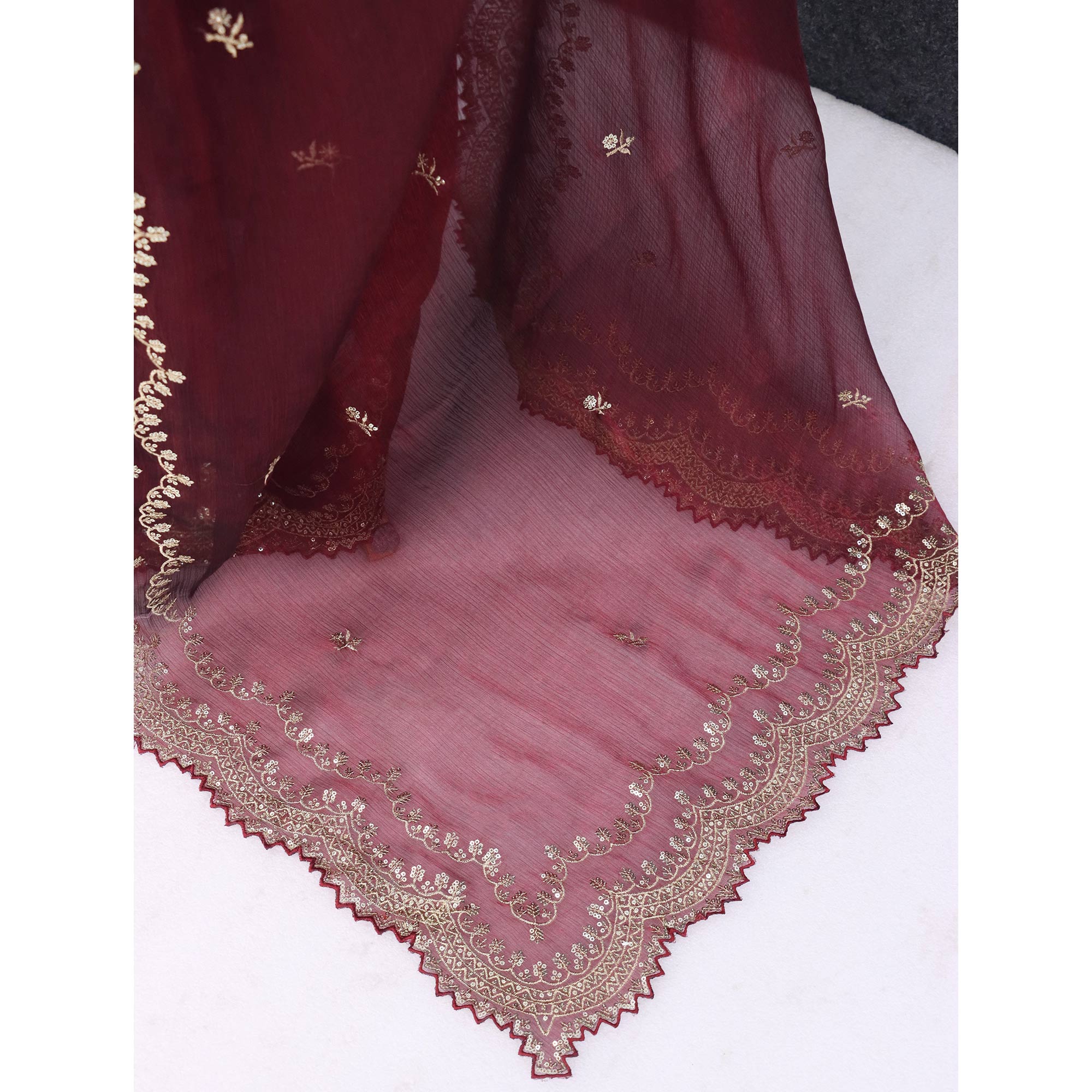 Maroon Embroidered Chiffon Saree