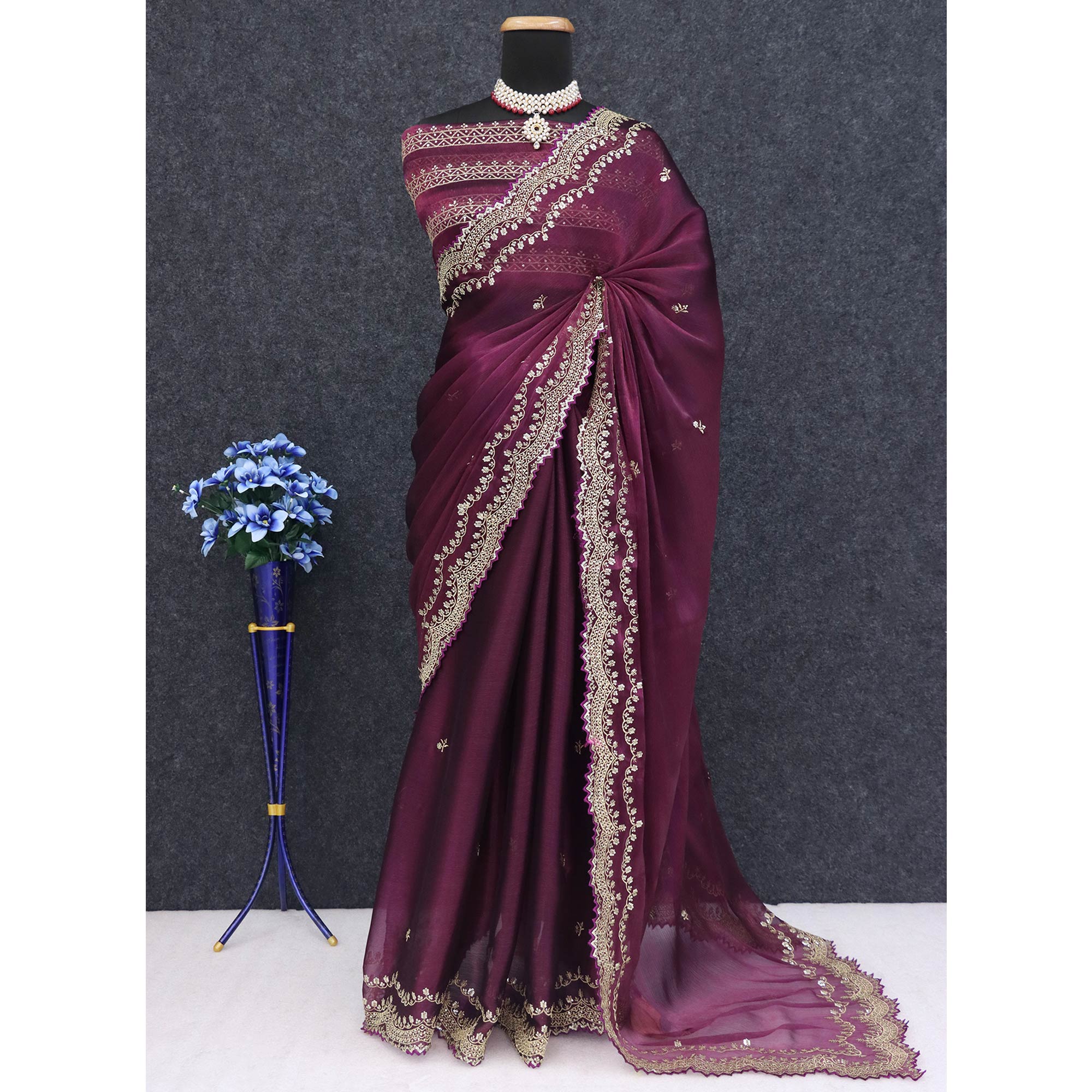Wine Embroidered Chiffon Saree