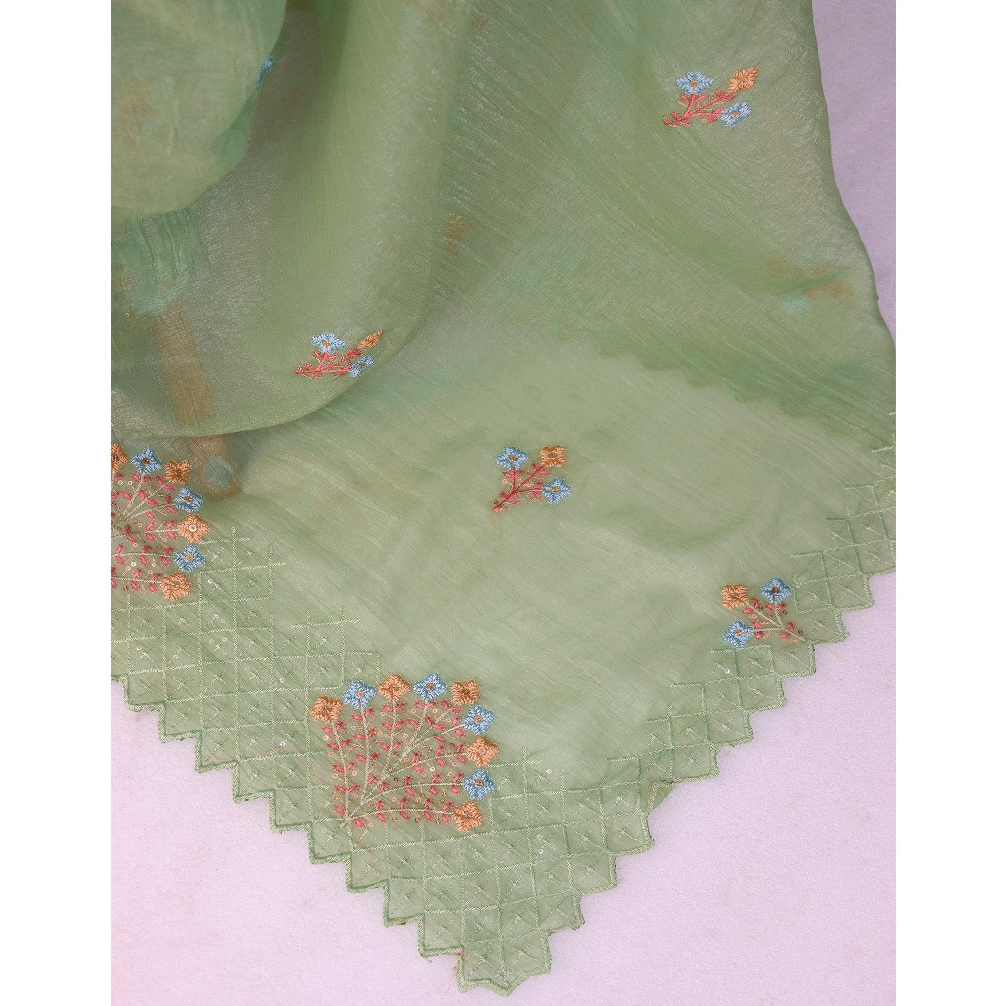 Green Floral Sequins Embroidered Art Silk Crush Saree