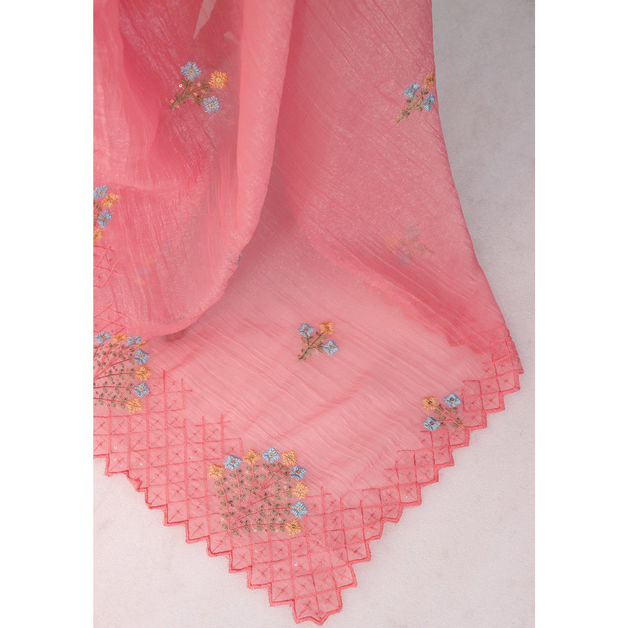 Peach Floral Sequins Embroidered Art Silk Crush Saree