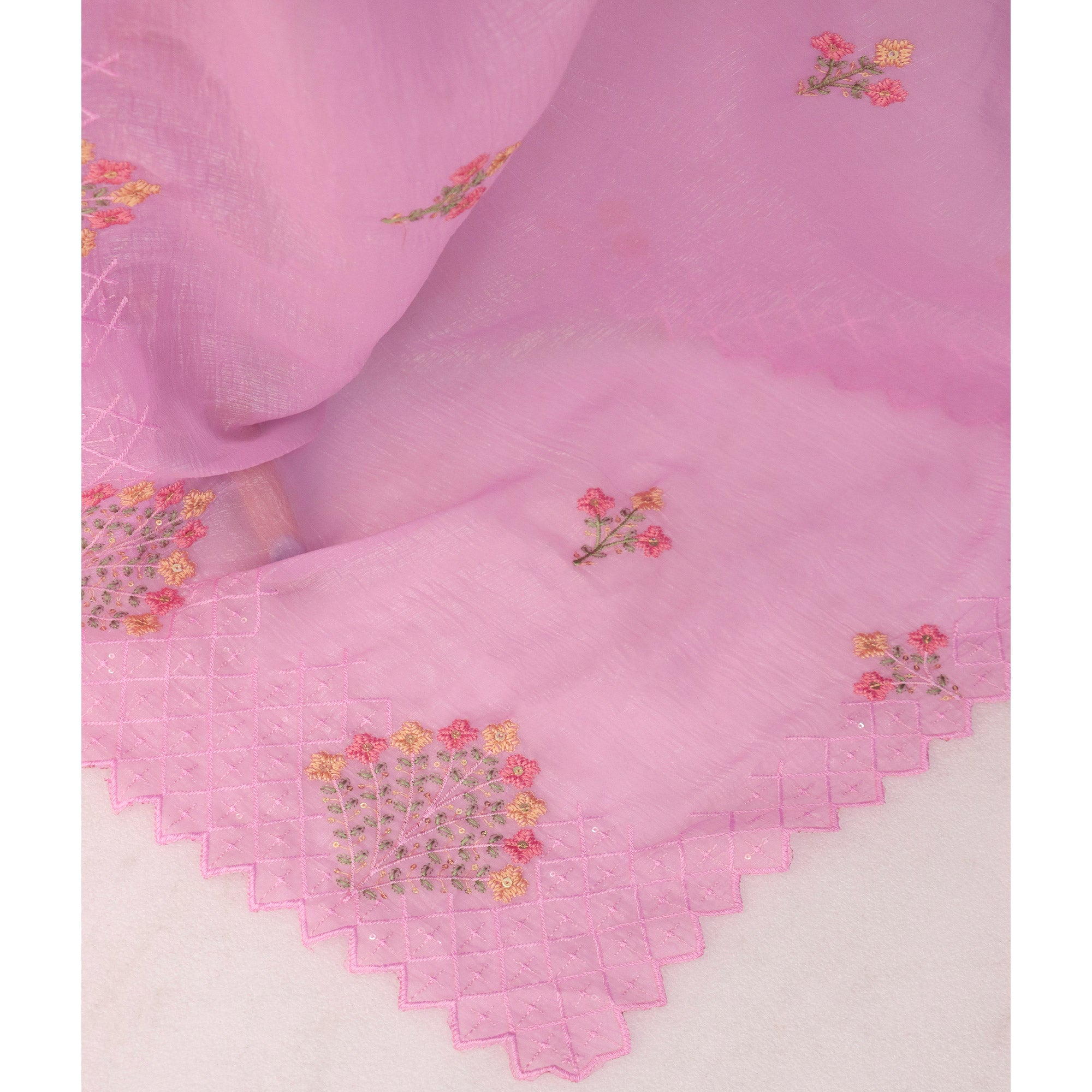Pink Floral Sequins Embroidered Art Silk Crush Saree